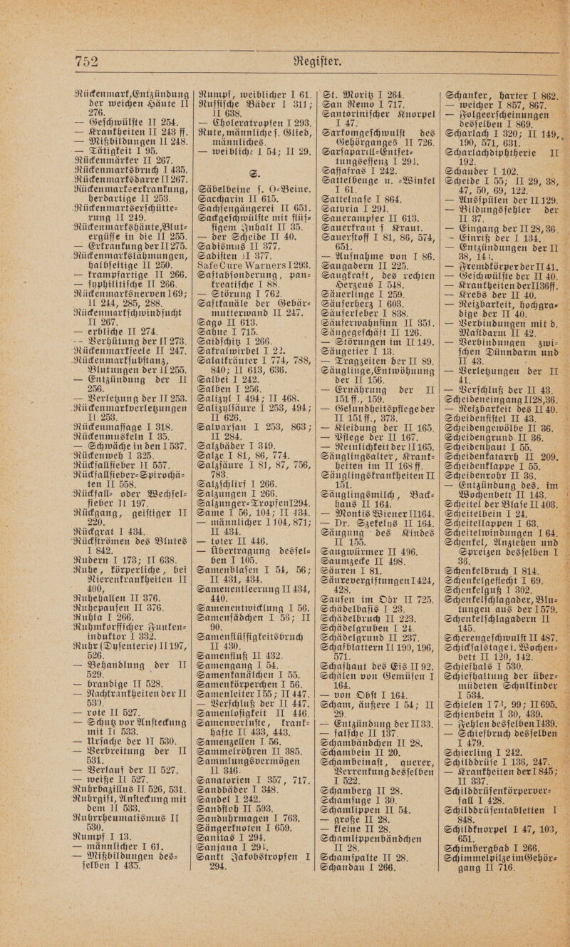 Rückenmark, Entzündung 20 weichen Häute II — Geſchwülſte II 254. — Krankheiten II 243 ff. — Mißbildungen II 248. — Tütigfeit I 95. Rückenmärker II 267. Rückenmarksbruch 1 435. Rückenmarksdarre II 267. Rückenmarkserkrankung, herdartige II 253. Rückenmartserſchütte⸗ rung II 249. Rückenmarkshäute, Blut⸗ ergüſſe in die II 255. — Erkrankung der II 275. Rückenmarkslähmungen, halbſeitige II 250. — krampfartige II 266. — ſyphilitiſche II 266. Rückenmarksnerven 169; 11 244, 285, 288. Rüdenmartichwindfudt II 267. — erbliche II 274. — Verhütung der II 273. Rückenmarkſeele II 247. Rückenmarkſubſtanz, i ee der II 255. — 250 h der II = Verletzung der II 253. Rü ckenmarkverletzungen IL, 253. Rückenmaſſage I 318. Rückenmuskeln I 35. — Sch wäche in den 1537. Rückenweh I 325. Rückfallfieber II 557. Rückfallfieber⸗Spirochä⸗ ten II 558. Rückfall⸗ oder Wechſel⸗ fieber II 197. Rückgang, geiſtiger II 220. Rückgrat I 434. e des Blutes 18 Rudern I 173; II 638. Ruhe, körperliche, bei Nierenkrankheiten II 7 Ruhehallen II 376. Ruhepauſen II 376. Ruhla I 266. Ruhmkorffſcher Funken⸗ induktor I 332. un e 11197, — Behnnstung r — brandige II 528. — 800% der II . 90 II 527. — Schutz vor Anſteckung mit II 533. — Urſache der II 530. — e der II = Verlauf der II 527. — weiße II 527. Ruhrbazillus II 526, 531. Ruhrgift, Anſteckung mit dem II 533. Mug heumakismus II Rumpf I 13. — männlicher I 61. — Mißbildungen des⸗ ſelben I 435. Rumpf, weiblicher I 61. Wes Bäder I 311; — Ghee ropien 1293. Rute, männliche ſ. Glied, männliches. — weibliche 1 54; II 29. S. Säbelbeine ſ. O-Beine. Saccharin II 615. Sachſengängerei II 651. Sackgeſchwülſte mit flüſ⸗ ſigem Inhalt II 35. — der Scheide II 40. Sa dismus II 377. Sadiſten II 377. Safe Cure Warners 1293. Saftabſonderung, pan⸗ kreatiſche I 88. — Störung 1 762. Saftkanäle der Gebär⸗ mutterwand II 247. Sahne 1 715. Saidſchitz I 266. Sakralwirbel I 22 Salatkräuter I 774, 788, 840; II 613, 636. Salbei 1242. Salben I 256. Salizyl I 494; II 468. II 626. II 284. Salzbäder I 319. Salze I 81, 86, Salzſäure 1 81, 783. Salzſchlirf I 266. Salzungen I 266. Salzunger- TropfenT294. Same 1 56, 104; II 434. 774. 87, 756, II 434. — toter II 446. — Übertragung desſel⸗ ben I 105. II 431, 434. Samenentleerung II 434, 440. Samenentwicklung I 56. ee 174567 II 9 Samenflüſſigkeitsbruch II 430. Samenfluß II 432. Samengang I 54. Samenkanälchen I 55. Samenkörperchen I 56. Samenleiter 155 II 447. — Verſchluß der II 447. Samenloſigkeit II 446. Samenverluſte, krank⸗ hafte II 433, 443. Samenzellen I 56. Sammelröhren II 385. Sammlungsvermögen II 346. Sanatorien I 357, 717. Sandbäder I 348. Sandel I 242. Sandfloh II 503. Sanduhrmagen I 763. Sängerknoten I 659. Sanitas I 294. Sanjana I 291. Sankt Jakobstropfen I 294. St. Moritz I 264. San Remo I 717. Sarkomgeſchwulſt des Gehörganges II 726. Sarſaparill⸗Entfet⸗ tungseſſenz I 291. Saſſafras I 242. Wei u. ⸗Winkel Sattelnaſe I 864. Satyria I 291. Sauerampfer II 613. Sauerkraut ſ. Kraut. Sauerſtoff I 81, 86, 574, 651. — Aufnahme von I 86. Saugadern II 225. Saugkraft, des rechten Herzeus I 518. Säuerlinge I 259. Säuferherz I 603. Säuferleber I 838. Säuferwahnſinn II 351. Säugegeſchäft II 126. — Störungen im II 149. Säugetier I 13. — Tragzeiten der II 89. Säuglinge, Entwöhuung der II 156. = Ernährung der II 151 ff., 159. — Geſundheitspflege der IAI ff, . — Kleidung der II 165. — Pflege der II 167. — Reinlichkeit der 11165. Säuglingsalter, Krant⸗ heiten im II 1688 ff. ee eee I Säuglingsmilch, Bad: haus II 164. — Montis Wiener IIl64. — Dr. Szekelys II 164. Säugung des Kindes II 155. Saugwürmer II 496. Saumzecke II 498. Säuren I 81. ii Sauſen im Ohr II 725. Schädelbaſis I 23. Schädelbruch II 223. Schädelgruben I 21. Schädelgrund II 237. e 11.190, 196, 7 Schafhaut des Eis II 92. e von Gemüſen I — von Obſt 1 164. e äußere I 54; II — e der II33. — falſche II 137. Schambändchen II 28. Schambein II 20. Schambeinaſt, querer, 22. Schau perg II 28. Schamfuge I 30. Schamlippen II 54. — große II 28. feine 28 Fee ee Schamſpalte II 28. Schandau I 266. Schanker, — weicher I 857, 867. — Folgeerſcheinungen desſelben J 869. 190, 571, 631. Syarlapiphigerie Scha nder J 102. EEE N DAN 47, 50, 69, 122 — Ausſpülen der II 129. — „ — Einriß der I 134. 38, 143. — Geſchwülſte der II 40. — Krankheiten derlII36ff. — Krebs der II 40. dige der II 40. — Verbindungen mit d. Maſtdarm II 42. — Verbindungen — Verſchluß der II 43. Scheideneingang 1128,36. Scheidenfiſtel II 43. Scheidengewölbe II 36. Scheidengrund II 36. Scheidenhaut I 55. Scheidenklappe I 55. Scheidenrohr II 36. Wochenbett II 143. Scheitelbein I 24. Scheitellappen I 63. Schenkelbruch J 814. Schenkelguß I 302. bett II 120, 142. Schiefhals I 530. IE Schiefhaltung der über⸗ 534. Schienbein 15 30, 439. Schierling I 212. Schilddrüſe I 136, 247. Schimbergbad I 266. gang II 716.