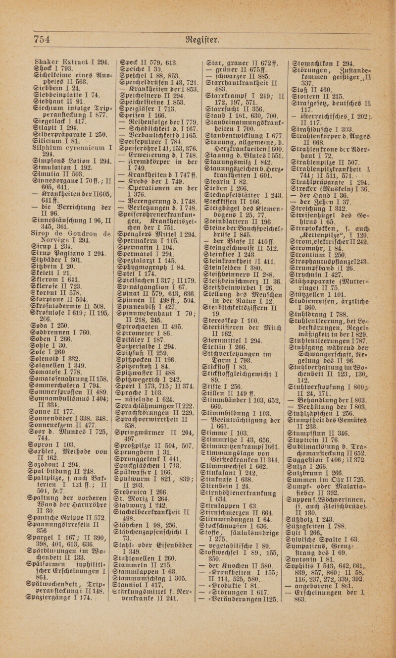 Shaker Extract I 294. Shock 1 793. Sichelkeime eines Ano⸗ pheles II 563. Siebbein I 24. Siebbeinplatte I 74. Siebhaut II 91. Siechtum infolge Trip⸗ peranſteckung I 877. Siegellack 1 417. Silapit I 291. Silberpräparate I 250. Silicium I 81. Silphium cyrenaicum I 294. Simpſons Lotion I 294. Simulation I 19. Simulia II 503. Sinnesorgane 1 70 ff.; II 605, 641. — Krankheiten der II605, 641 ff. — die Verrichtung der II 96 Sinnestäuſchung I 96, II 345, 361. Sirop de Goudron de Norvege I 294. Sirup I 231. Sirup Pagliano I 291. Sitzbäder I 301. Sitzbein I 20. Skelett I 21. Sklerom I 641. Skleroſe II 723. Skorbut II 578. Skorpione II 504. Skrofulodermie II 508. 9 1619; II 195, 6. Soda I 250. Sodbrennen I 760. Soden I 266. Sohle I 30. Sole I 260. Solenoid I 332. Solquellen I 319. Somatoſe 1 778. Somatoſenahrung 11158. Sommercholera I 791. Sommerſproſſen II 489. Somnambulismus 1404; II 334. Sonne II 177. Sonnenbäder I 338. 348. Sonnenekzem II 477. en Mundes I 725, Sopron I 103. 1 15 Methode von 163. Sozodont I 29. Spal bildung II 248. Spaltpilze, ſ. auch Bak⸗ terien. T 121 ff, II 504, 507. Spaltung der vorderen Wand der Harnröhre II 30 Spaniſche Grippe II 572. Nee e 45 Spargel I 167; II 390, 398, 401, 613, 636. Spätbluſfungen im Wo⸗ chenbett II 133. Spätformen ſyphiliti⸗ jur? Erſcheinungen I Spätwochenbett, Trip⸗ peranſteckung i. II 148. Spaziergänge I 174. Speck II 579, 613. Speiche I 30. Speichel I 88, 853. Speicheldrüſen 1 43, 721. — Krankheiten der! 853. Speichelnerv II 294. Speichelſteine I 853. Speigläſer I 713. Speiſen I 166. — Reihenfolge der 779. — Schädlichkeit d. I 167. — Verdaulichkeit d 1165. Speiſepulver I 784. Speiſeröhre 141,153, 376. — Erweiilerung d. 1 748. — Fremdkörper in der I 749. — Krankheiten d. 1 747ff. — Krebs der 1 749. — Operationen an der I 376. — Verengerung d. 1748. — Verletzungen d. 1 748. Speiſeröhrenerkrankun⸗ gen, Krankheitszei⸗ chen der I 751. Spenglers Mittel 1 294. Spermakern 1 105. Spermatin I 104. Spermatol I 294. Spezialarzt I 145. Sphygmograph I 84. Spiel 1 174. Spielſachen 1317; II179. Spinalganglion 1 67. Spinat II 579, 613, 636. Spinnen II 498 ff., 504. Spinnenbiß I 427. Spinnwebenhaut I 70; II 218, 245. Spirochaeten II 495. Spirometer I 86. Spitäler I 137. Spitzerſalbe I 294. Spitzfuß II 259. Spitzpocken II 196. Spitzenſtoß I 84. Spitzwaſſer II 488 Spitzwegerich I 242. Sport 1 173, 715; II 374. Sprache I 103. — näſelnde 1 624. Sprachlähmungen II 222. Sprachſtörungen II 229. Sprach verwirrtheit II 358 Springwürmer II 204, 497 Sproßpilze II 504, 507. Sprungbein I 31. Sprunggelenk I 441. Spuckgläschen I 713. Spülwaſſer I 166. Spulwurm I 821, 839; II 203. Srebenica I 266. St. Moriz I 264. Stabwurz I 242. en I 98. Stäbchen I 98, 256. VVV 1 7 Stahl⸗ oder Eiſenbäder 1 349 ; Stahlquellen I 260. Stammeln II 215. Stammlappen I 63. Stammumſchlag I 305. Stanniol I 417. Stärkungsmittel f. Ner⸗ venkranke II 241. Star, grauer II 672ff. — grüner II 675ff. — ſchwarzer II 885. Sie II Starrkrampf I 249; II 172, 197, 571. Starrſucht II 356. Staub I 161, 630, 700. Staubeinatmungskrank⸗ heiten I 700. Staubentwicklung I 677. Stauung, allgemeine, b. Herzkrankheiten 1600. Stauung d. Blutes 1551. Stauungsmilz I 842. Stauungszeichen b.Herz» franfheiten I 601. Stearin I 82. Steben I 266. Stechapfelblätter I 243. Steckkiſſen II 166. Steigbügel des Kiemen⸗ bogens I 25, 77. See II 196. teine der Bauchſpeichel⸗ drüſe I 846. x — der Blaſe II 410ff. Steingeſchwulſt II 512. Steinklee I 243. Steinkrankheit II 411. Steinleiden I 380. Steißbeinnerv II 238. Steißbeinſchmerz II 36. Steißbeinwirbel I 26. Stellung des Menſchen in der Natur I 12. ee e II Stereoſkop I 100. Steriliſieren der Milch II 162. Sternmittel I 294. Stettin I 266. Stihverlegungen im Darm I 793. Stickſtoff I 83. eee ee 1 Stifte I 256. Stillen II 149 ff. e 1103, 652, Stimmbildung 1 103. — Beeinträchtigung der 1661. Stimme I 103. Stimmritze I 43, 656. Stimmrißentrampf 1661. Stimmungslage von Geiſteskranken II 344. Stimmwechſel I 662. Stinkaſant I 242. Stinknaſe I 638. Stirnbein I 24. Stirnhöhlenerkrankung J 634. Stirnlappen I 63. Stirnſchmerzen II 664. Stirnwindungen I 64. Stockſchnupfen I 636. Stoffe, fäulniswidrige I 275 — vegetabiliſche I 89. 900 I 89, 155, 0 — der Knochen II 580. Krankheiten I 155; II 114, 525, 580. :Produfte I 81. Störungen I 617. — Veränderungen 1125. Zuſtande⸗ kommen geijtiger ‚IB 337 Stoß IT 460, Stottern II 215. Strahlduſche I 303. Strahlenkörper d. Auges. II 668 5 Strahlenkrone der Ader⸗ haut 1 72. Strahlenpilze II 507. Strahlenpilzkrankheit 1 744 11 511, 57117. Strahlpräparate I 294. Strecker (Muskeln) I 36. — der Hand I 36. — der Zehen 1.37. Streichung I 312. Streifenhügel des Ge⸗ hirns 1 65. 0 Streptokokken, ſ. auch „Kettenpilze“, I 120. Strom elektriſcher II 242. Stromuhr, I 84. Strontium I 250. Strophantuspflanzel 243. Strumpfband II 26. 5 Strychnin I 427. ringe) II 75. Stützzellen I 101. Studienreiſen, ärztliche 1 360 Stuhldrang I 788. Stuhlentleerung, bei Le⸗ berſtörungen, Regel- mäßigkeit in der 1829. Stuhlentleerungen 1787. Stuhlgang während der Schwangerſchaft, Re⸗ gelung des II 96. Stuhlverhaltung im Wo⸗ 142. Stuhlverſtopfung I 800; II 24, 171. 1 — Behandlung der 1803. — Verhütung der 1803. Stuhlzäpfchen I 256. Stumpfheit des Gemütes II 233. Stumpfſinn II 346. Styptiein II 76. Sublimatlöſung b. Tra⸗ chomanſteckung II 652. Suggeſtion 1406 11 372. Sulza I 266. Sulzbrunn I 266. fieber II 392. Suppen f. Wöchnerinnen, Süßholz I 243. Süßigkeiten I 788. Sylt I 266. Sylviſche Spalte I 63. Sympaticus, Grenz: . ſtrang des 1 69. 8 Syntonin 1 81. = Syphilis I 543, 642, 661, 839, 857, 860; II 58, 116, 237, 272, 339, 32. — angeborene I 861. 863. i