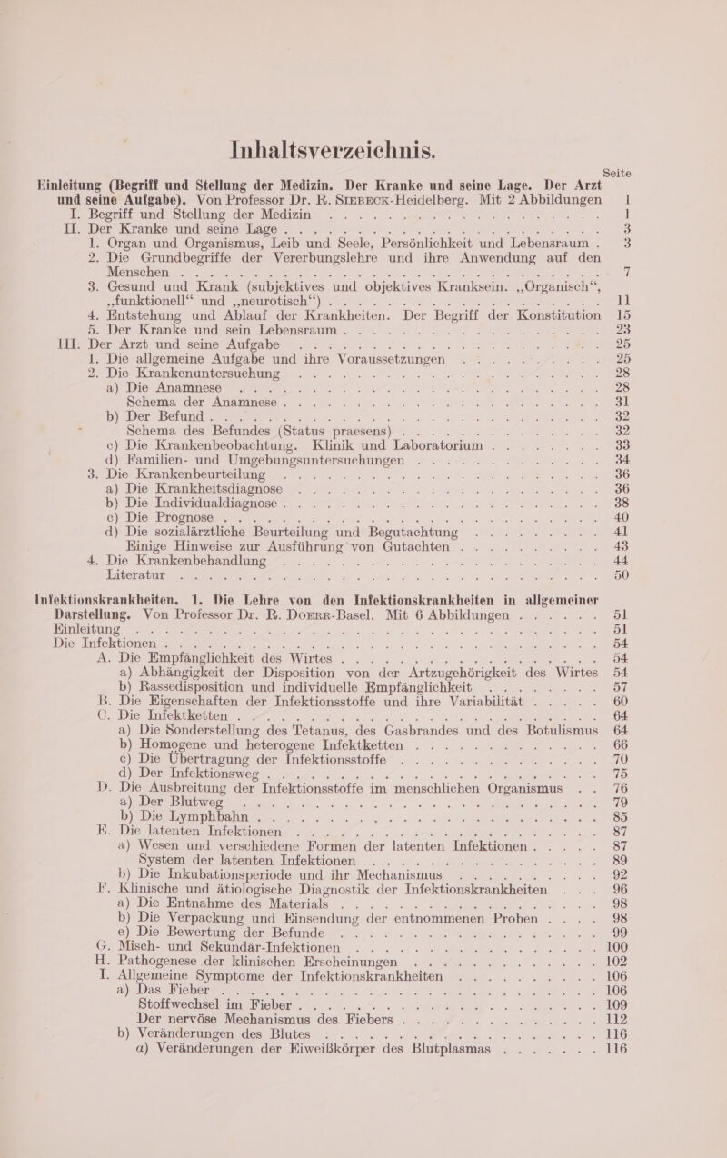 Inhaltsverzeichnis. Seite Einleitung (Begriff und Stellung der Medizin. Der Kranke und seine Lage. Der Arzt und seine Aufgabe). Von Professor Dr. R. SIEBECK- m Mit en 1 I. Begriff und Stellung der Medizin el 1: nı Kranke und seine Lage... . 3 l. Organ und Organismus, Leib und Seele, Persönlichkeit und Lebensraum . 3 2. Die Grundbegriffe der Vererbungslehre und ihre a auf den Menschen, 2 rs Mesh: aD ee 3. Gesund und Krank (subjektives und objektives Kranksein. „Organisch‘“, „funktionell“ und ‚‚neurotisch‘“‘) . BEN u. 4. Entstehung und Ablauf der Krankheiten. Der Begriff der Konstitution 15 5. Der Kranke und sein Lebensraum . . . RÄT 2 III. Der Arzt und seine Aufgabe ... Bee RUE 27 1782) 1. Die allgemeine Aufgabe und ihre Voraussetzungen“ ORTE BA TNT Sa 2: Die Krankenumlersue hung 2 22a ee EN N 28 a) Die Anamnese ra ee N ER Ne ee ee MD Schema der Anımna ea 2 a, u se a EAN a b) Der Befund. . ur RT KEN EA Schema des Befundes (Status praesens) Im Auer de DIE EN ©) c\) Die Krankenbeobachtung. Klinik und Laboratorium . 2.2.2... 88 d) Familien- und Umgebungsuntersuchungen . . . 2.2.22 2.2.2... 834 32 Die Rrankonbeutte no u N EEE IRRE N 0 8 Die: Krankheit iapnee u ver RETTEN EI LEE by. Die Indivadunlatagnose 5 u am u ee ae e) Die. Prognase,, ! ... is RE EAN d) Die sozialärztliche Beurteilung und Begutachtung. ROT Einige Hinweise zur Ausführung’von Gutachten . . .. 2.2.2... 43 4. Die ee N NET ER PR Literatur ;. . ne ee Ne N) Iniektionskrankheiten. 1. Die Lehre von den Infektionskrankheiten in A et Darstellung. Von Professor Dr. R. DoErRR-Basel. Mit 6 SER ART: 5l Einleitung . . . | Die Infektionen . . a A et A. Die Empfänglichkeit des Wirtes . . . 54 a) Abhängigkeit der Disposition von der Artzugehörigkeit des Wirtes 54 b) Rassedisposition und individuelle Empfänglichkeit . .. . . 57 B. Die Eigenschaften der Infektionsstoffe und ihre Variabilität ra N) C. Die Infektketten . .. . 64 a) Die Sonderstellung des Tetanus, des Gasbrandes und des Botulismus 64 b) Homogene und heterogene Infektketten . . : : 2: 2.2.2.2... 66 c) Die Übertragung derlnfektionsstofle”. 50.2 10 a Ne 77 d) Derziniektionsweg . wu... 2.24. ee D. Die Ausbreitung der Infektionsstoffe im menschlichen Organismus 10 a) Der Blutweg ee en El RE N) DEWIESE EBD ahn N 0 tee 85 E. Die latenten Infektionen . . | a) Wesen und verschiedene Formen der latenten Infektionen | System der latenten Infektionen ... © EIER AERO. | b) Die Inkubationsperiode und ihr Mechanismus . . re) F. Klinische und ätiologische Diagnostik der Infektionskrankheiten . . . % a) Die Entnahme des Materials . . . ee.) b) Die Verpackung und Einsendung der eninommenen Proben Te 6) Die Beweutune der, Befinde+.:.,: 2. 2a mat En 299 GO. Misch- und Sekundar-Infektionen - . . .... 2 Sets... Zr. 0 100 H. Pathogenese .der klinischen Erscheinungen : A 57.2 809 I. Allgemeine Symptome der Infektionskrankheiten - . 2. ..2... 10 a) Das Fieber . . Aw: EN I ; Stoffwechsel im Fieber. . . 2... . RER 1.2 Al ee Der nervöse Mechanismus des Fiebers . . . . . 2.2: 2 22200. 112 b) Veränderungen des Blutes . . a Se a) Veränderungen der Eiweißkörper des Blutplasmas Ser