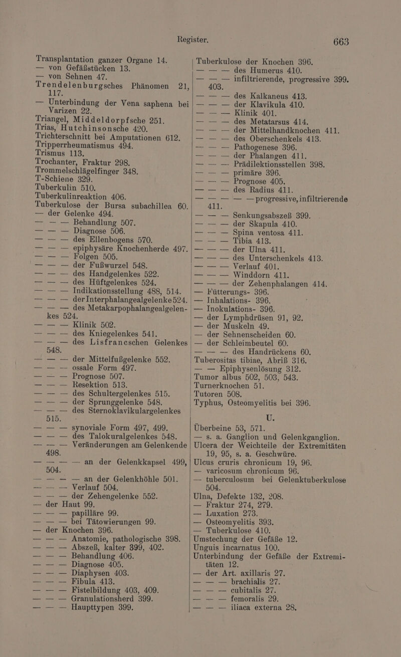 Transplantation ganzer Organe 14. — von Gefäßstücken 13. — von Sehnen 47. en niert Phänomen 21, 1% — Unterbindung der Vena saphena bei Varizen 22. Triangel, Middeldorpfsche 251. Trias, Hutchinsonsche 420. Trichterschnitt bei Amputationen 612, Tripperrheumatismus 494. Trismus 113. Trochanter, Fraktur 298. Trommelschlägelfinger 348. T-Schiene 329. Tuberkulin 510. Tuberkulinreaktion 406. Tuberkulose der Bursa subachillea 60. der Gelenke 494. Behandlung 507. Diagnose 506. des Ellenbogens 570. epiphysäre Knochenherde 497. Folgen 505. der Fußwurzel 548. des Handgelenkes 522. des Hüftgelenkes 524. Indikationsstellung 488, 514. der Interphalangealgelenke 524. — — des Metakarpophalangealgelen- kes 524. Klinik 502. des Kniegelenkes 541. des Lisfrancschen Gelenkes der Mittelfußgelenke 552. ossale Form 497. Prognose 507. Resektion 513. des Schultergelenkes 515. der Sprunggelenke 548. des Sternoklavikulargelenkes synoviale Form 497, 499. des Talokuralgelenkes 548. Veränderungen am Gelenkende — an der Gelenkkapsel 499, — an der Gelenkhöhle 501. Verlauf 504. — — der Zehengelenke 552. der Haut 99. — — papilläre 99. — — bei Tätowierungen 99. der Knochen 396. Anatomie, pathologische 398. Abszeß, kalter 399, 402. Behandlung 406. Diagnose 405. Diaphysen 403. Fibula 413. Fistelbildung 403, 409. Granulationsherd 399. Haupttypen 399. 663 Tuberkulose der Knochen 396. — — — des Humerus 410. — — — infiltrierende, progressive 399. 403. des Kalkaneus 413. der Klavikula 410. Klinik 401. des Metatarsus 414. der Mittelhandknochen 411. des Oberschenkels 413. Pathogenese 396. der Phalangen 411. - Prädilektionsstellen 398. primäre 396. Prognose 405. des Radius 411. — — — — — progressive, infiltrierende Senkungsabszeß 399. der Skapula 410. Spina ventosa 411. Tibia 413. der Ulna 411. des Unterschenkels 413. — — Verlauf 401. — Winddorn 411. — der Zehenphalangen 414. Fütterungs- 396. — Inhalations- 396. — Inokulations- 396. — der Lymphdrüsen 91, 92. — der Muskeln 49. — der Sehnenscheiden 60. — der Schleimbeutel 60. — — — des Handrückens 60. Tuberositas tibiae, Abriß 316. — — Epiphysenlösung 312. Tumor albus 502, 503, 543. Turnerknochen 51. Tutoren 508. Typhus, Osteomyelitis bei 396. U. Überbeine 53, 571. — 8. a. Ganglion und Gelenkganglion. Ulcera der Weichteile der Extremitäten 19, 95, s. a. Geschwüre. Uleus eruris chronicum 19, 96. - — varicosum chronicum 96. — tuberculosum bei Gelenktuberkulose 504. Ulna, Defekte 132, 208. — Fraktur 274, 279. — Luxation 273. — ÖOsteomyelitis 393. — Tuberkulose 410. Unguis incarnatus 100. Unterbindung der Gefäße der Extremi- täten 12. der Art. axillaris 27. — 2 shrachialıs 27. — cubitalis 27. — femoralis 29. — jliaca externa 28,
