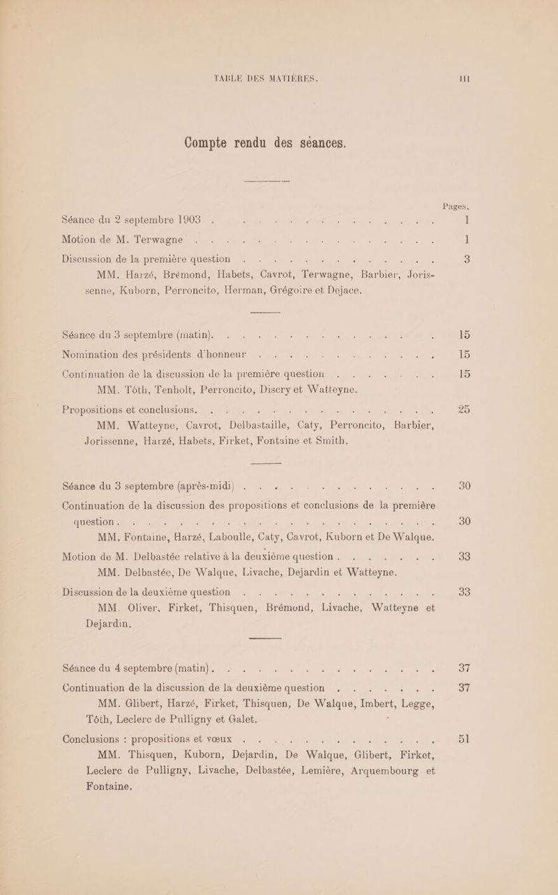 Compte rendu des séances. Séance du 2 septembre 1903 Motion de M. Terwagne Discussion de la première question AL ONREATE A ! MM. Harzé, Brémond, Habets, Cavrot, Terwagne, Barbier, Joris- senne, Kuborn, Perroncito, Herman, Grégoire et Dejace. Séance du 3 septembre (matin). Nomination des présidents d'honneur Continuation de la discussion de la première question MM. Toth, Tenholt, Perroncito, Disery et Watteyne. Propositions et conclusions. Hydastol Encre) Re MM. Watteyne, Cavrot, Belbastailfe: ee Perroncito, Barbier, Jorissenne, Harzé, Habets, Firket, Fontaine et Smith. —_————— Séance du 3 septembre (après-midi) Continuation de la discussion des propositions et conclusions de la première question . MM. FT Hé. Lalouie, se es . et Ha Motion de M. Delbastée relative à la deuxième question . $ MM. Delbastée, De Walque, Livache, Dejardin et Ho Discussion de la deuxième question DÉS D NON DRE DANSE EN MM. Oliver. Firket, Thisquen, Brémond, Livache, Watteyne et Dejardin. Séance du 4 septembre (matin). Continuation de la discussion de la deuxième question : MM. Glibert, Harzé, Firket, Thisquen, De Walque, D cu Téth, Leclerc de Pulligny et Galet. Conclusions : propositions et vœux A à MM. Thisquen, Kuborn, nn De Glibert, Firket, Leclerc de Pulligny, Livache, Delbastée, Lemière, Arquembourg et Fontaine. Pages. 15 15 15 29 30 33 33 37 37 51