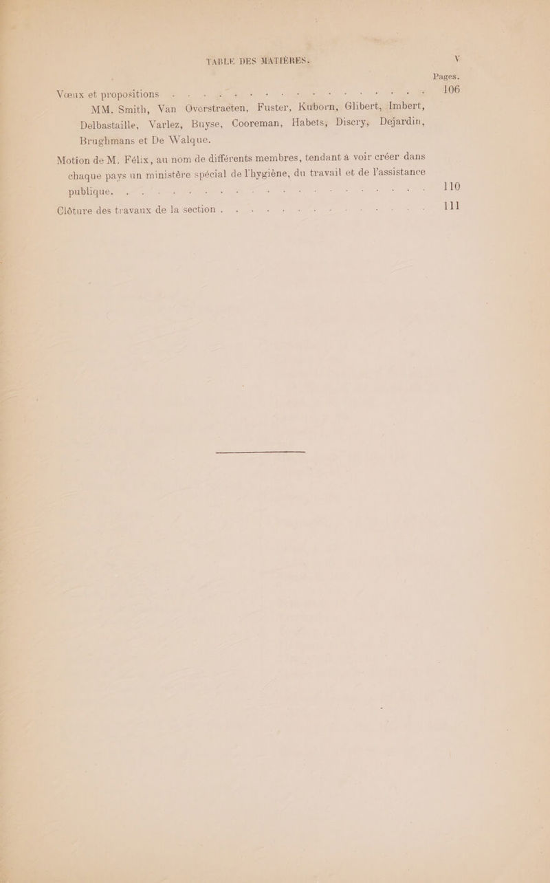 Vœux et propositions OR NN OÙ ie MM. Smith, Van Overstraeten, Fuster, Kuborn, Glibert, Imbert, Delbastaille, Varlez, Buyse, Cooreman, Habets, Discry, Dejardin, Brughmans et De Walque. Motion de M. Félix, au nom de différents membres, tendant à voir créer dans chaque pays un ministère spécial de l'hygiène, du travail et de l'assistance publique. Clôture des travaux de la section . 110 Je