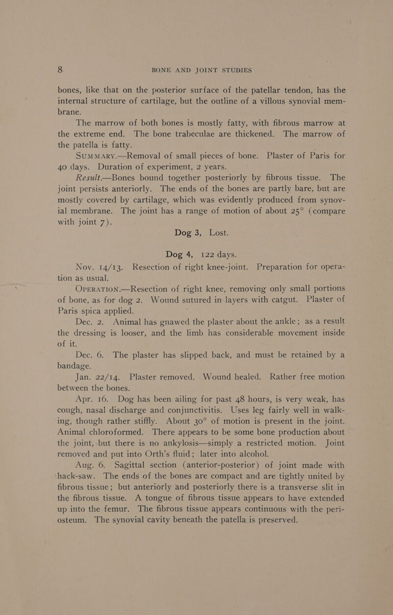 bones, like that on the posterior surface of the patellar tendon, has the internal structure of cartilage, but the outline of a villous synovial mem- brane. The marrow of both bones is mostly fatty, with fibrous marrow at the extreme end. The bone trabeculae are thickened. The marrow of the patella is fatty. SUMMARY.—Removal of small pieces of bone. Plaster of Paris for 40 days. Duration of experiment, 2 years. Result—Bones bound together posteriorly by fibrous tissue. The joint persists anteriorly. The ends of the bones are partly bare, but are mostly covered by cartilage, which was evidently produced from synov- ial membrane. The joint has a range of motion of about 25° (compare with joint 7). Doris. ost: Dog 4, 122 days. Nov. 14/13. Resection of right knee-joint. Preparation for opera- tion as usual. OPERATION.—Resection of right knee, removing only small portions of bone, as for dog 2. Wound sutured in layers with catgut. Plaster of Paris spica applied. Dec. 2. Animal has gnawed the plaster about the ankle; as a result the dressing is looser, and the limb has considerable movement inside Olt: | Dec. 6. The plaster has slipped back, and must be retained by a bandage. Jan. 22/14. Plaster removed. Wound healed. Rather free motion between the bones. Apr. 16. Dog has been ailing for past 48 hours, is very weak, has cough, nasal discharge and conjunctivitis. Uses leg fairly well in walk- ing, though rather stiffly. About 30° of motion is present in the joint. Animal chloroformed. There appears to be some bone production about the joint; but there is no ankylosis—simply a restricted motion. Joint removed and put into Orth’s fluid; later into alcohol. Aug. 6. Sagittal section (anterior-posterior) of joint made with hack-saw. The ends of the bones are compact and are tightly united by fibrous tissue; but anteriorly and posteriorly there is a transverse slit in the fibrous tissue. A tongue of fibrous tissue appears to have extended up into the femur. The fibrous tissue appears continuous with the peri- osteum. The synovial cavity beneath the patella is preserved.