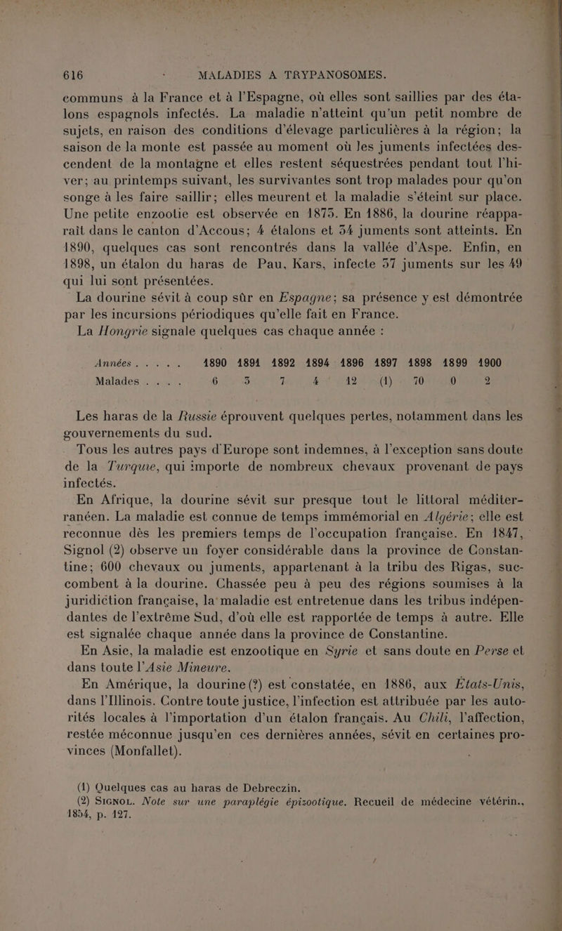 communs à la France et à l'Espagne, où elles sont saillies par des éta- lons espagnols infectés. La maladie n’atteint qu’un petit nombre de sujets, en raison des conditions d'élevage parliculières à la région; la saison de la monte est passée au moment où les juments infectées des- cendent de la montagne et elles restent séquestrées pendant tout l’hi- ver; au printemps suivant, les survivantes sont trop malades pour qu’on songe à les faire saillir; elles meurent et la maladie s'éteint sur place. Une petite enzoolie est observée en 1875. En 1886, la dourine réappa- rait dans le canton d’Accous; 4 étalons et 34 juments sont atteints. En 1890, quelques cas sont rencontrés dans la vallée d’Aspe. Enfin, en qui lui sont présentées. La dourine sévit à coup sûr en Espagne; sa présence y est démontrée par les incursions périodiques qu’elle fait en France. La Hongrie signale quelques cas chaque année : Années tre 1890 1891 1892 41894 1896 1897 1898 1899 1900 Malades 4. 6 9 7 4 12 (1) 70 0 2 Les haras de la Russie éprouvent quelques pertes, notamment dans les gouvernements du sud. Tous les autres pays d'Europe sont indemnes, à l'exception sans doute de la Turque, qui importe de nombreux chevaux provenant de pays infectés. | En Afrique, la dourine sévit sur presque tout le littoral méditer- ranéen. La maladie est connue de temps immémorial en Algérie; elle est Signol (2) observe un foyer considérable dans la province de Constan- tine; 600 chevaux ou juments, appartenant à la tribu des Rigas, suc- combent à la dourine. Chassée peu à peu des régions soumises à la juridiction française, la maladie est entretenue dans les tribus indépen- dantes de l’extrême Sud, d’où elle est rapportée de temps à autre. Elle est signalée chaque année dans la province de Constantine. En Asie, la maladie est enzootique en Syrie et sans doute en Perse et dans toute l’Asie Mineure. | En Amérique, la dourine (?) est constatée, en 1886, aux États-Unis, dans l'Illinois. Contre toute justice, l'infection est attribuée par les auto- rités locales à l’importation d'un étalon français. Au Chili, l'affection, restée méconnue jusqu’en ces dernières années, sévit en certaines pro- vinces (Monfallet). (1) Quelques cas au haras de Debreczin. (2) SiGNoL. Note sur une paraplégie épizootique. Recueil de médecine vétérin., 1854, p. 127.