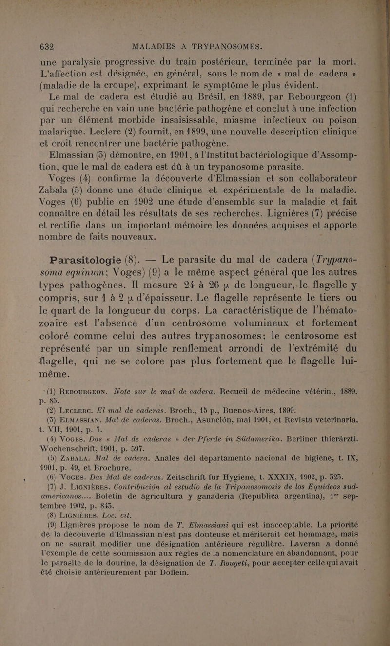 une paralysie progressive du train postérieur, terminée par la mort. L’affection est désignée, en général, sous le nom de « mal de cadera » (maladie de la croupe), exprimant le symptôme le plus évident. Le mal de cadera est étudié au Brésil, en 1889, par Rebourgeon (1) qui recherche en vain une bactérie pathogène et conclut à une infection par un élément morbide insaisissable, miasme infectieux ou poison malarique. Leclerc (2) fournit, en 1899, une nouvelle description clinique et croit rencontrer une bactérie pathogène. Elmassian (5) démontre, en 1901, à l’Institut bactériologique d’Assomp- tion, que le mal de Le est dû à un trypanosome parasite. Voges (4) confirme la découverte d’'Elmassian et son collaborateur Zabala (5) donne une étude clinique et expérimentale de la maladie. Voges (6) publie en 1902 une étude d'ensemble sur la maladie et fait connaître en détail les résultats de ses recherches. Lignières (7) précise et rectifie dans un important mémoire les données acquises Li apporte nombre de faits nouveaux. Parasitologie (8). — Le parasite du mal de cadera (Trypano- soma equinum; Voges) (9) a le même aspect général que les autres types pathogènes. Il mesure 24 à 26 &amp; de longueur,.le flagelle y compris, sur À à 2 y d'épaisseur. Le flagelle représente le tiers ou le quart de la longueur du corps. La caractéristique de l’hémato- zoaire est l'absence d'un centrosome volumineux et fortement coloré comme celui des autres trypanosomes; le centrosome est représenté par un simple renflement arrondi de l'extrémité du flagelle, qui ne se colore pas plus fortement que le flagelle lui- même. (1) REBOURGEON. Note sur le mal de cadera. Recueil de médecine vétérin., 1889. p. 85. (2) LecLerc. ET mal de caderas. Broch., 15 p., Buenos-Aires, 1899. (3) ELMAssrAN. Mal de caderas. Broch., Asunciôn, mai 1901, et Revista veterinaria, t: VIL190104p41 (4) Voces. Das « Mal de caderas » der Pferde in Südamerika. Berliner thierärzti. Wochenschrift, 1901, p. 597. (&gt;) ZABALA. Mal de cadera. Anales del departamento nacional de higiene, t. 1901, p. 49, et Brochure. (6) Voces. Das Mal de caderas. Zeitschrift für Hygiene, t. XXXIX, 1902, p. 523. (7) J. LiGNIÈRES. Contribuciôn al estudio de la Tripanosomosis de los Equideos sud- americanos.... Boletin de agricultura y ganaderia (Republica argentina), 1 sep- tembre 1902, p. 843. | (8) LIGNIÈRES. Loc. cit. (9) Lignières propose le nom de T. Elmassiani qui est inacceptable. La priorité de la découverte d’Elmassian n’est pas douteuse et mériterait cet hommage, mais on ne saurait modifier une désignation antérieure régulière. Laveran a donné l'exemple de cette soumission aux règles de la nomenclature en abandonnant, pour le parasite de la dourine, la désignation de T. Rougeti, pour accepter celle qui avait été choisie antérieurement par Doflein.