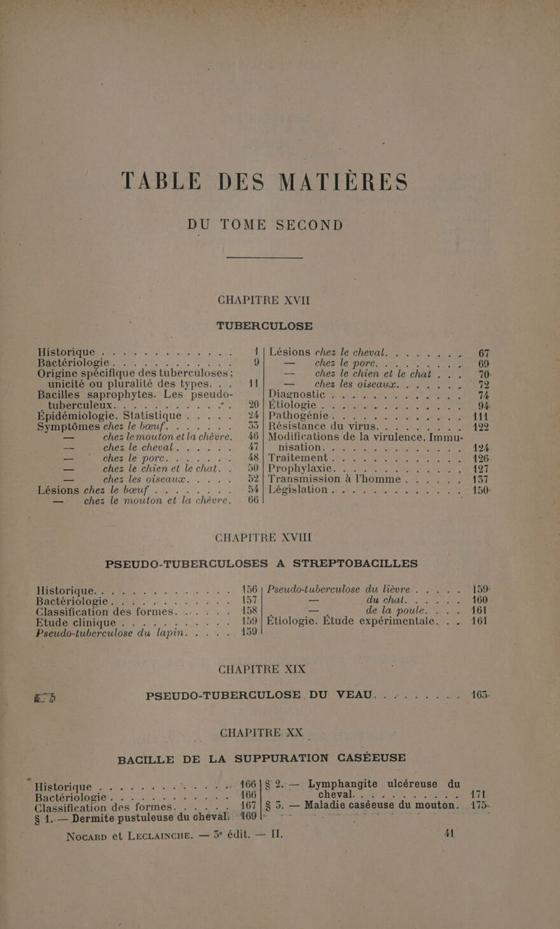 TABLE DES MATIÈRES DU TOME SECOND CHAPITRE XVII TUBERCULOSE Historique OL GES AUS 1 | Lésions chez le cheval … … - . , 67 RP DIOMIOR UN, n,, , r,ne 9 7 LOC lé DOrÉS MT CENTRE 69 Origine spécifique des tuberculoses ; —. Chez le chien et le chat. 1.118: unicité ou pluralité des types. . . 11 = Chés les Gite RIM ONAE 72 Bacilles saprophytes. Les pseudo- Didenosticr sr Lori ce CUP CeRRENT 14 EUR 0. (1.0 *: PU REMOIOSIOR PIERRE TEE 94 Epidémiologie. Statistique . . . . . 24 | Pathoténer ee RE RER 11 Sympiomesches le bœuf. . . . . . . 99 | Résistance dUVITHS EC RROL 122 — chez lemouton et la chèvre. 46 | Modifications de la virulence. Immur- — DCE chenal... 1, 4T | RiSA HOME PATES TS ENTER AES 124 Dies le porc... . . de 48. L'ETOILE) DNS AIME ARS 126. — srézdeichien el:le chat. 7 0 PPODENIARIE RM NRER 127 — PlieaCles O1SEQUT. . ! :. 52 | Transmission à l’homme . . . . . . 131 Hérionsches lé bœuf .% . : 7. . .. 54 P Lois lation Ce RE 150: —_ chez le mouton et la chèvre. 66 CHAPITRE XVIII PSEUDO-TUBERCULOSES A STREPTOBACILLES PRIOR 2 0, ., 156 | Pseudo-tuberculose du lièvre . . . . . 159 PADIOMHOIOÉTER AU... . . . . : 157 — ŒE CROSS FRE 160 Classification des formes. ... . . . 158|, — , dela:poule.- 7% 06 DEMI. 5, . . . . . . 159 | Etiologie. Etude expérimentale. . . 161 Pseudo-tuberculose du lapin. . . . . 159 | CHAPITRE XIX E à PSEUDO-TUBERCULOSE . DU VEAU......... 165- CHAPITRE XX _ BACILLE DE LA SUPPURATION CASÉEUSE D nique à 0 ce PURE 4661$ 2. — Lymphangite ulcéreuse du PC ÉROIOSIE SL + 0e jus nee 166 | CHONAL EE, PAS UN 171 Classification des formes. . . . . . 167 |$ 5. — Maladie caséeuse du mouton. 175. $ 1. — Dermite pustuleuse du cheval: 169: