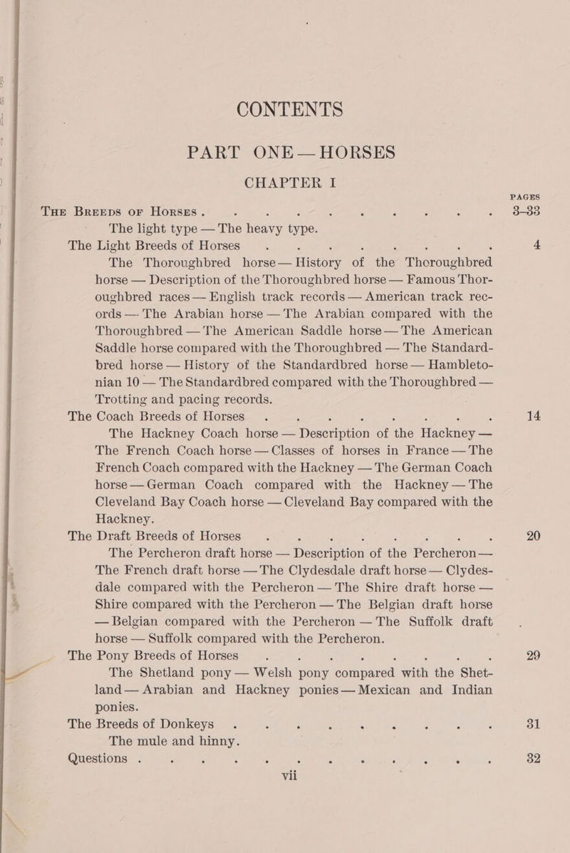 CONTENTS PART ONE— HORSES CHAPTER I THe Breeps or Horses. The light type — The heavy tape The Light Breeds of Horses The Thoroughbred horse — History of the Tioroushbred horse — Description of the Thoroughbred horse — Famous Thor- oughbred races — English track records — American track rec- ords —-The Arabian horse — The Arabian compared with the Thoroughbred — ‘The American Saddle horse—The American Saddle horse compared with the Thoroughbred — The Standard- bred horse — History of the Standardbred horse — Hambleto- nian 10 — The Standardbred compared with the Thoroughbred — Trotting and pacing records. The Coach Breeds of Horses The Hackney Coach inom Desorption of ‘the Wesker The French Coach horse — Classes of horses in France — The French Coach compared with the Hackney — The German Coach horse— German Coach compared with the Hackney — The Cleveland Bay Coach horse — Cleveland Bay compared with the Hackney. The Draft Breeds of Horses : The Percheron draft horse — Descsinton of the Meher The French draft horse —The Clydesdale draft horse — Clydes- dale compared with the Percheron — The Shire draft horse — Shire compared with the Percheron — The Belgian draft horse — Belgian compared with the Percheron — The Suffolk draft horse — Suffolk compared with the Percheron. The Pony Breeds of Horses The Shetland pony — Mela | pony eorapiceil ath the Side land— Arabian and Hackney ponies— Mexican and Indian ponies. The Breeds of Donkeys . : ; 3 is é The mule and hinny. Questions . : ; ; : : A : ‘ ; . vii 14 20 29 31 32