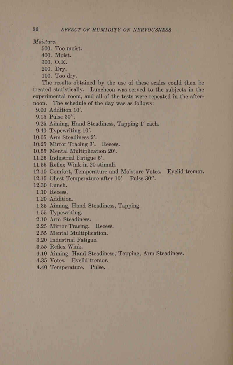 9.00 9.15 9.25 9.40 10.05 10.25 10.55 11.25 11.55 12.10 12.15 12.30 1.10 1.20 1.35 1.55 2.10 2.25 2.55 3.20 3.09 4.10 4.35 The schedule of the day was as follows: Addition 10’. Pulse 30”. Aiming, Hand Steadiness, Tapping 1’ each. Typewriting 10’. Arm Steadiness 2’. Mirror Tracing 3’. Recess. Mental Multiplication 20’. Industrial Fatigue 5’. Reflex Wink in 20 stimuli. Chest Temperature after 10’. Pulse 30”. Lunch. Recess. Addition. Aiming, Hand Steadiness, Tapping. Typewriting. Arm Steadiness. Mirror Tracing. Recess. Mental Multiplication. Industrial Fatigue. Reflex Wink. Eyelid tremor. Votes. Eyelid tremor.