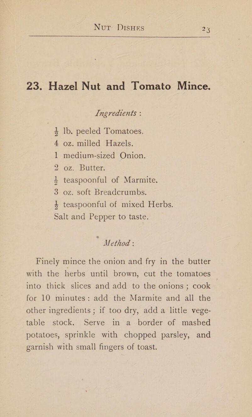 23. Hazel Nut and Tomato Mince. Ingredients : Ib, peeled Tomatoes, oz. milled Hazels. medium-sized Onion. oz. Butter. teaspoonful of Marmite. oz. soft Breadcrumbs. teaspoonful of mixed Herbs. TN wi OO NIE br HR beet alt and Pepper to taste. I Method : Finely mince the onion and fry in the butter with the herbs until brown, cut the tomatoes — into thick slices and add to the onions ; cook for 10 minutes: add the Marmite and all the other ingredients ; 1f too dry, add a little vege- table stock, Serve in a border of mashed potatoes, sprinkle with chopped parsley, and garnish with small fingers of toast.