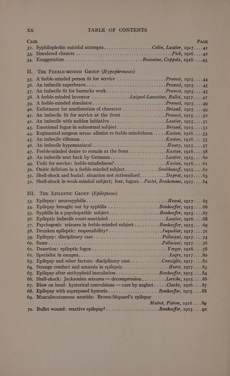 CASE PAGE 32. Syphilophobic suicidal attempts.................... Colin, Lautier, 19:7....41 ee SITU LAGER (CHATICLE |e wie ia Gal Cals, Vics le Wann Guat a Pick, 1916....42 Ba ORR OP CRAG hie ails, ein Guach ial eth eae mae a Ne Buscaino, Coppola, 1916... .43 Il. Tue FEEBLE-MINDED Group (Hypophrenoses) 35. A feeble-minded person fit for service ................2..4- Pruvost, 1915....44 260 An imbecue super Drave oa) Ue MU ee oe Waa Aiea Pruvost, 1915....45 37. An imbecile fit for barracks work.) oe ee evan. cle dae Pruvost, 1915....45 38. A feeble-minded inventor ................ Laignel-Lavastine, Ballet, 1917... .47 39. A feeble-minded simulator........ A AS STA CO ERATE Na Pruvost, 1915....49 40. Enlistment for amelioration of character .................. Briand, 1915....49 41. An imbecile fit for service at the front .................. Pruvost, 1915... .50 42. An imbecile with sudden initiative....................4.. Lautier, 1915... .51 43. Emotional fugue in subnormal subject.................... Briand, 1915... .52 44. Regimental surgeon versus alienist re feeble-mindedness..... Kastan, 1916... .53 Ast Aatimn hecte rileman ova Wien bu Wat outa pea nin a irene nant Kastan, 1916... .55 460) Animbecilehypomaniacal y's iy lou Uae aan tera ue Sian Haury, 1915....57 47. Feeble-minded desire to remain at the front............... Kastan, 1916... .58 45) Am arnbecheisent pack by Germans i aac bora a Lautier, 1915... .60 409. Unfit, foriservice:' feeble-mindedness?....'... 0. oe eels Kastan, 1916... .61 50. Oniric delirium in a feeble-minded subject.............. Soukhanoff, 1915... .62 51. Shell-shock and burial: situation not rationalized........... Duprat, 1917... .63 52. Shell-shock in weak-minded subject; fear, fugues. .Pactet, Bonhomme, 1917... .64. Ill. Tue Epieptic Group (Epileptoses) 5 4y) IUDUED SYS TICUTOSY DELS a's tolutade 4 le lees Win iy tie bans anelehntatnn rahe pa DE Hewat, 1917... .65 54. Epilepsy brought out by syphilis ..................... Bonhoeffer, 1915... .66 55. Syphilis\in a psychopathic: subject)... 4.).0/./.. edie Ve tees Bonhoeffer, 1915... .67 56. Epileptic imbecile court-martialed oo jc. 00500. use Lautier, 1916... .68 57. Psychogenic seizures in feeble-minded subject.......... Bonhoeffer, 1915... .69 58. Drunken epileptic: responsibility?............0...0...... Juquelier, 1917... .71% 69.) Epulernsy disciplinary Case. sedis naw oveken eg wil mmeiaes Pellacani, 1917....74 GOs Battie LE eta ane tc Cia Th MRSC, Rie CLC, We RN gta Pellacani, 1917... .76 6r;) Desertions epileptic Pugwe ci) ody vie wy Roe, weapon Verger, 1916....78 62) SPECIAISE AN GSCADES pf s/s NG Rae Eth LeU hls ante acanyr pei e Logre, 1917... .80 63. Epilepsy and other factors: disciplinary case............. Consiglio, 1917... .82 64. Strange conduct and amnesia in epileptic................... Hurst, 1917... .83 65. Epilepsy after antityphoid inoculation.................. Bonhoeffer, 1915... .84 ‘66. Shell-shock: Jacksonian seizures — decompression.......... Leriche, 1915... .86 67. Blow on head: hysterical convulsions — cure by neglect..... Clarke, 1916... .87 68. Epilepsy with superposed hysteria..................... Bonhoeffer, 1915... .88 69. Musculocutaneous neuritis: Brown-Séquard’s epilepsy Mairet, Piéron, 1916....890 70. Bullet wound: reactive epilepsy?...................-.. Bonhoeffer, 1915... .92