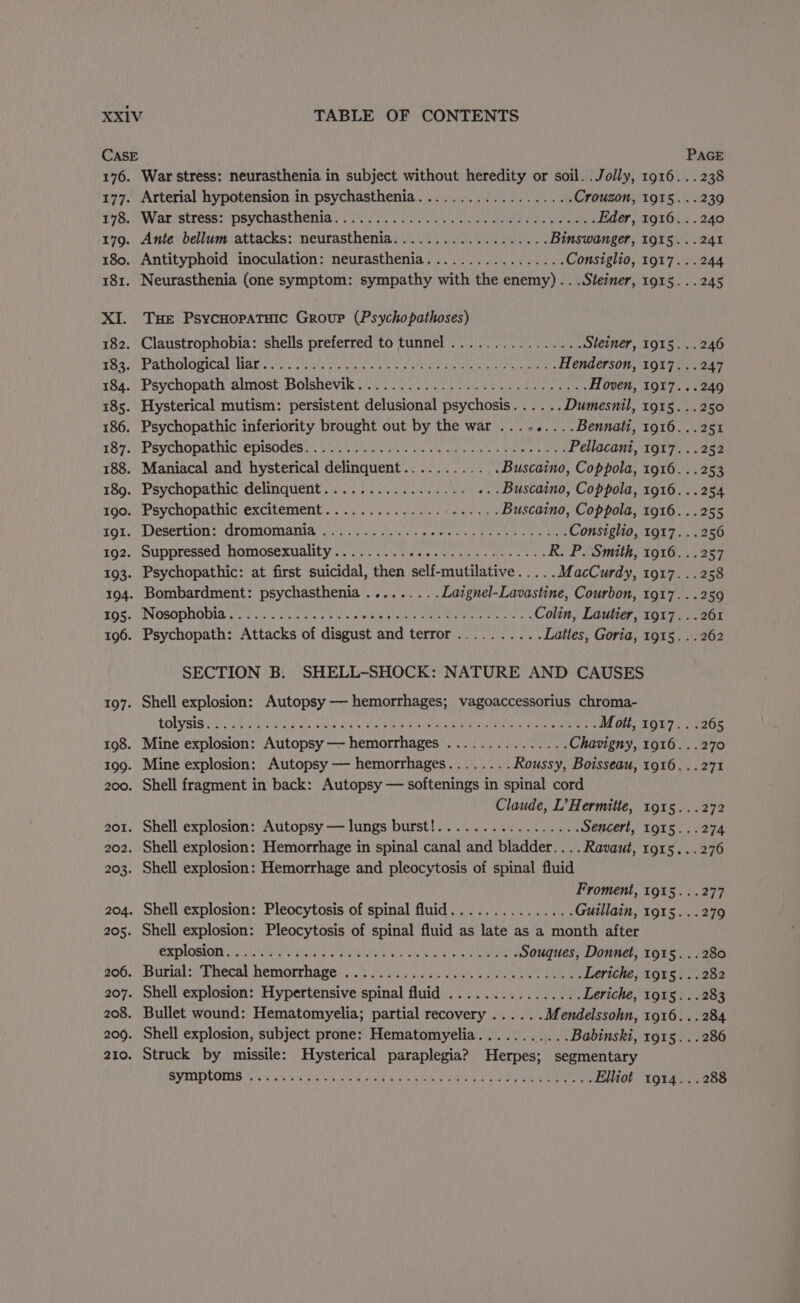 PAGE War stress: neurasthenia in subject without heredity or soil. . Jolly, 1916... 238 Arterial hypotension in psychasthenia................... Crouzon, 1915. ..239 Waristress: osychasthenian 346,000. . sa te ee eee Eder, 1916. ..240 Ante bellum attacks: neurasthenia................... Binswanger, 1915...241 Antityphoid inoculation: neurasthenia................. Consiglio, 1917...244 Neurasthenia (one symptom: sympathy with the enemy) .. . Steiner, 1915... 245 Claustrophobia: shells preferred to tunnel ................ Steiner, I915...246 PPRLUOLORICAL ERELE btu cos clk Wrakne o hcl RCO tee re Henderson, 1917. ..247 Psychopath aimost ‘Bolshevik ei), 24c0 ie sie tine ieee ete Hoven, 1917...249 Hysterical mutism: persistent delusional psychosis...... Dumesnil, 1915. ..250 Psychopathic inferiority brought out by the war ...-.....Bennati, 1916. ..251 PSVCHODALINCEDISOCES 1 Pia Vie SWIM Wie ata dat i aie hee eles manta Pellacani, 1917. ..252 Maniacal and hysterical delinquent.......... .Buscaino, Coppola, 1916. ..253 Psychopathic delinquent................. ...Buscaino, Coppola, 1916. ..254 Psychopathic excitement) ..\0.)). i) U0 hasten Buscaino, Coppola, 1916. ..255 Desertion: aromomaniay ci ee eats Ge eee ete Consiglio, 1917. ..256 Suppressed Homosexuality. 0.54.4 bis ces ae Sinais Ghee bie R. P. Smith, 1916. ..257 Psychopathic: at first suicidal, then self-mutilative..... MacCurdy, 1917...258 Bombardment: psychasthenia .........Laignel-Lavastine, Courbon, 1917. ..259 BVOSODODIR Wee niga ok Winnie aE Lenn ena Rena BME ere Colin, Lautier, 1917... 261 Psychopath: Attacks of disgust and terror.......... Lattes, Goria, 1915... 262 SECTION B. SHELL-SHOCK: NATURE AND CAUSES Shell explosion: Autopsy — hemorrhages; vagoaccessorius chroma- i) p&lt;) 1: POLE AE ae OR GM STA Foard Rly US a RA LIS Mott, 1917... .265 Mine explosion: Autopsy — hemorrhages ............... Chavigny, 1916...270 Mine explosion: Autopsy — hemorrhages........ Roussy, Boisseau, 1916... 27% Shell fragment in back: Autopsy — softenings in spinal cord Claude, L’Hermitte, 1915...272 Shell explosion: Autopsy — lungs burst!................. Sencert, 1915...274 Shell explosion: Hemorrhage in spinal canal and bladder... . Ravaut, 1915... 276 Shell explosion: Hemorrhage and pleocytosis of spinal fluid Froment, 1915. ..277 Shell explosion: Pleocytosis of spinal fluid............... Guillain, 1915...279 Shell explosion: Pleocytosis of spinal fluid as late as a month after EXDLOMORE id MICH Maa, ie yee Bone Souques, Donnet, 1915... 280 Burial: Phecal hemorrhage #2142. 5. 4/6195 6 ee aie aes Sele Leriche, 1915. ..282 Shell explosion: Hypertensive spinal fluid ................ Leriche, 1915. ..283 Bullet wound: Hematomyelia; partial recovery ...... Mendelssohn, 1916... 284 Shell explosion, subject prone: Hematomyelia........... Babinski, 1915... 286 Struck by missile: Hysterical paraplegia? Herpes; segmentary SVTODUOMIS CAA a KRU Wore Bek AA aah ce cutae A ah pean NOT en aE Elliot 1914...288