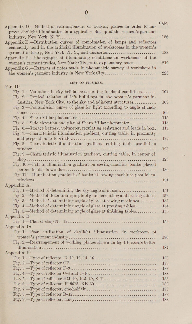 2 Appendix D.—Method of rearrangement of working planes in order to im- prove daylight illumination in a typical workshop of the women’s garment e@listrye New. YOM aN. XY c.e ecu ce ss. &lt;5 eee eS ee Obert Son Appendix E.—Distribution curves of combination of lamps and _ reflectors commonly used in the artificial illumination of workrooms in the women’s garment industry, New York, N. Y., and discussion. ...............--2....- Appendix F.—Photographs of illuminating conditions in workrooms of the women’s garment trades, New York City, with explanatory notes........... Appendix G.—Extracts of notes made in photometric survey of workshops in the women’s garment industry in New York City...................-.--.- LIST OF FIGURES. Part IT: Fig. 1.—Variations in sky brilliance according to cloud conditions. ...... Fig. 2.—Typical relation of loft buildings in the women’s garment in- dustries, New York City, to the sky and adjacent structures............ Fig. 3.—Transmission curve of glass for light according to angle of inci- RE eee ae re Sa lain aaa Ge eed fa thie Link ee Cae Riek tevet Plies er M1 Lar WNOLOMMCUCR. ied ciao sen ie wi dian asd ee nS eine atats.&gt; &lt; yeters Fig. 5.—Side elevation and plan of Sharp-Millar photometer. .......-.--- Fig. 6.—Storage battery, voltmeter, regulating resistance and leads in box. Fig. 7.—Characteristic illumination gradient, cutting table, in proximity Mn De PPC MCCUE LO WIMCOW 6 oe oe crake a been hainle 5.4 A mete Suemeumaemnd Fig. 8.—Characteristic illumination gradient, cutting table parallel to gd SS ane epee ee RE a eee eer ee ee Fig. 9.—Characteristic illumination gradient, cutting table, in center of CN ate te ake ge cI Sle ana aes ee ha ee nga Fig. 10.—Fall in illumination gradient on sewing-machine banks placed etpcnchotlar LorwINGOW &lt; 20 cia: owe ced aso oni es Se hi eea en oee Fig. 11.—I]lumination gradient of banks of sewing machines parallel to DREISER at kk aly in ee ene Aa ate Appendix A: . Fig. 1.—Method of determining the sky angle of a room.................-- Fig. 2.—Method of determining angle of glare for cutting and basting tables. Fig. 3.—Method of determining angle of glare at sewing machines..:.....- Fig. 4.—Method of determining angle of glare at pressing tables..........- Fig. 5.—Method of determining angle of glare at finishing tables.......... Appendix B: Ee eee =e TORE OR SHOUT NOs C0ia &lt;6 5 a cloe &lt; hibis tats «ais Pals one aera a bee cas Appendix D: Fig. 1.—Poor utilization of daylight illumination in workroom of PPOMAOR Seumilcmt MIUMOLEY oo. eee eg eS oe eee hae 0 nae Fig. 2.—Rearrangement of working planes shown in fig. | tosecure better cL ICNP 0 lean enti age ae Ss Na ea REE sm IE Appendix E: ) Fig. 1.—Type of reflector, D-10, 12, 14, 16............... PE MS EO Map 2eo 1 Vepe Or Temeclor ©) bite geen ee cee en 28s Eee tales eT EN BA or Ve OP CM CCUOE Ge ote ose h ecw p chai n+ os eynsean ed 4 EE ES = Oe Fay 4 Type of reticctor C-8 and C-10. 8. 3 dice oe inie wae wenn d sina Sbels Se Fig. 5.—Type of reflector HM-40, HM-60, S-ll.............-.-2.-2.-.0. Big Gl ype or reuectwor, He y0is,. N00) ois. i gl ee pe Behe ea ls Hig; (.--bype of Tenector, Ome-mall UM... 6... 62 a. Seo 2s he pecan 4 cee ag 45.0 Pe Ol TOnCCIOE 19ers T ea Pega vie On FCHCCWOL, NANCY . 056s. tovetneee nic eae beg abla ee cee eSs emg Page. 186 188 219 223 107