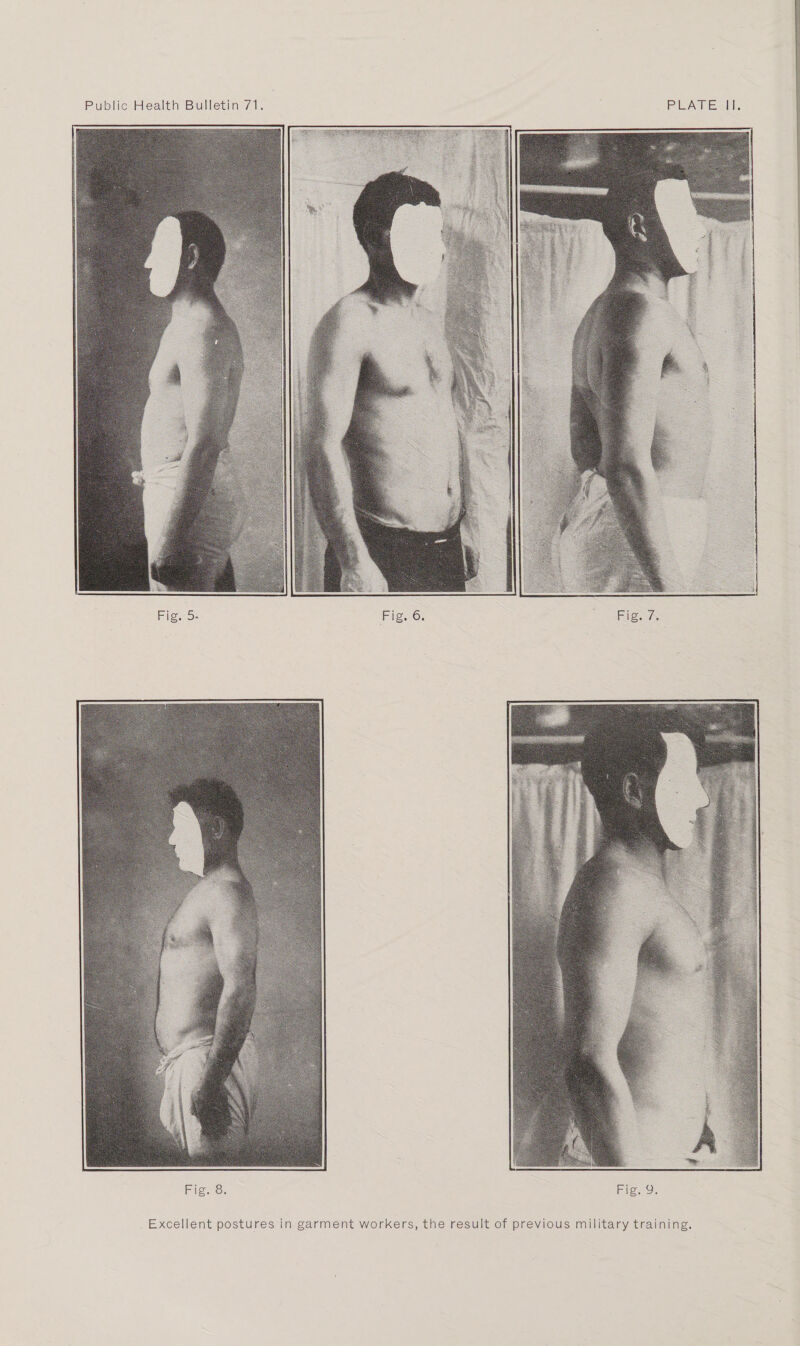 Excellent postures in garment workers, the result of previous military training.