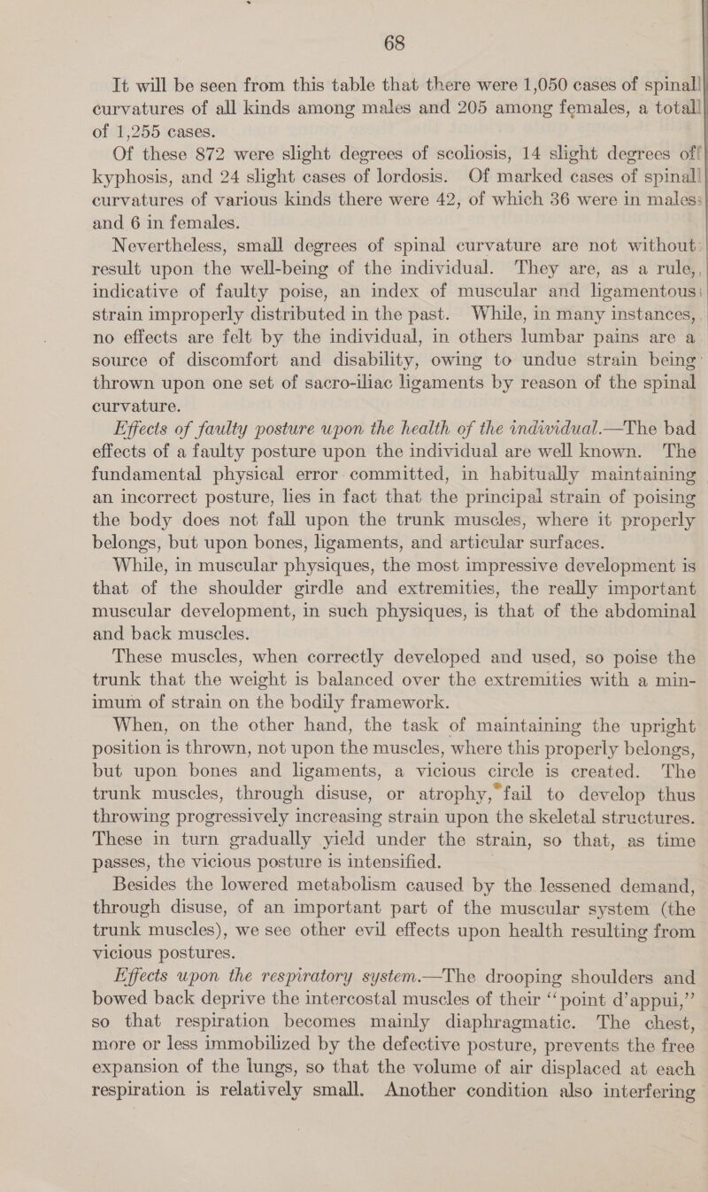 It will be seen from this table that there were 1,050 cases of spinall curvatures of all kinds among males and 205 among females, a totall of 1,255 cases. | Of these 872 were slight degrees of scoliosis, 14 slight degrees off} kyphosis, and 24 slight cases of lordosis. Of marked cases of spinall] curvatures of various kinds there were 42, of which 36 were in maless| and 6 in females. | Nevertheless, small degrees of spinal curvature are not without: | result upon the well-being of the individual. They are, as a rule,, indicative of faulty poise, an index of muscular and ligamentous: strain improperly distributed in the past. While, in many instances, _ no effects are felt by the individual, in others lumbar pains are a. source of discomfort and disability, owing to undue strain being’ thrown upon one set of sacro-iliac ligaments by reason of the spinal curvature. Effects of faulty posture wpon the health of the vndiwidual.—The bad effects of a faulty posture upon the individual are well known. The fundamental physical error.-committed, in habitually maintaining an incorrect posture, lies in fact that the principal strain of poising the body does not fall upon the trunk muscles, where it properly belongs, but upon bones, ligaments, and articular surfaces. While, in muscular physiques, the most impressive development is that of the shoulder girdle and extremities, the really important muscular development, in such physiques, is that of the abdominal and back muscles. These muscles, when correctly developed and used, so poise the trunk that the weight is balanced over the extremities with a min- imum of strain on the bodily framework. When, on the other hand, the task of maintaining the upright position is thrown, not upon the muscles, where this properly belongs, but upon bones and ligaments, a vicious circle is created. The trunk muscles, through disuse, or atrophy, fail to develop thus throwing progressively increasing strain upon the skeletal structures. These in turn gradually yield under the strain, so that, as time passes, the vicious posture is intensified. Besides the lowered metabolism caused by the lessened demand, through disuse, of an important part of the muscular system (the trunk muscles), we see other evil effects upon health resulting from vicious postures. Effects upon the respiratory system.—The drooping shoulders and bowed back deprive the intercostal muscles of their “point d’appui,”’ so that respiration becomes mainly diaphragmatic. The chest, more or less immobilized by the defective posture, prevents the free expansion of the lungs, so that the volume of air displaced at each respiration is relatively small. Another condition also interfering