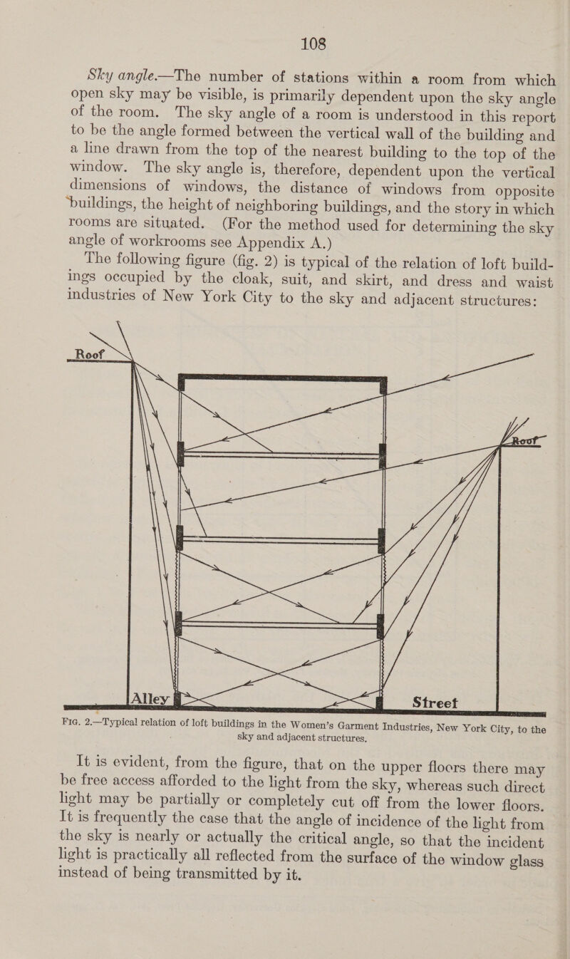 Sky angle-—The number of stations within a room from which open sky may be visible, is primarily dependent upon the sky angle of the room. The sky angle of a room is understood in this report to be the angle formed between the vertical wall of the building and a line drawn from the top of the nearest building to the top of the window. The sky angle is, therefore, dependent upon the vertical dimensions of windows, the distance of windows from opposite ‘buildings, the height of neighboring buildings, and the story in which rooms are situated. (For the method used for determining the sky angle of workrooms see Appendix A.) The following figure (fig. 2) is typical of the relation of loft build- ings occupied by the cloak, suit, and skirt, and dress and waist industries of New York City to the sky and adjacent structures: Roof. Fia. 2.—Typical relation of loft buildings in the Women’s Garment Industries, New York City, to the ; sky and adjacent structures, It is evident, from the figure, that on the upper floors there may be free access afforded to the light from the sky, whereas such direct light may be partially or completely cut off from the lower floors. It is frequently the case that the angle of incidence of the light from the sky is nearly or actually the critical angle, so that the incident light is practically all reflected from the surface of the window glass instead of being transmitted by it.