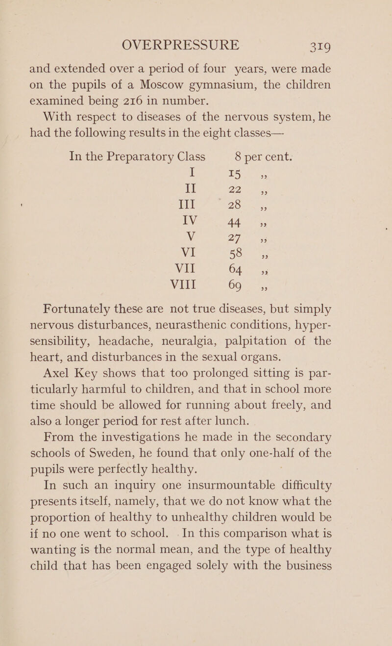 and extended over a period of four years, were made on the pupils of a Moscow gymnasium, the children examined being 216 in number. With respect to diseases of the nervous system, he had the following results in the eight classes— In the Preparatory Class 8 per cent. I TO: tf Qo raat TIT 2 Ora iN Ad, V Di VI SS VII 640s; VIII 60 —,, Fortunately these are not true diseases, but simply nervous disturbances, neurasthenic conditions, hyper- sensibility, headache, neuralgia, palpitation of the heart, and disturbances in the sexual organs. Axel Key shows that too prolonged sitting is par- ticularly harmful to children, and that in school more time should be allowed for running about freely, and also a longer period for rest after lunch. From the investigations he made in the secondary schools of Sweden, he found that only one-half of the pupils were perfectly healthy. In such an inquiry one insurmountable difficulty presents itself, namely, that we do not know what the proportion of healthy to unhealthy children would be if no one went to school. . In this comparison what is wanting is the normal mean, and the type of healthy child that has been engaged solely with the business