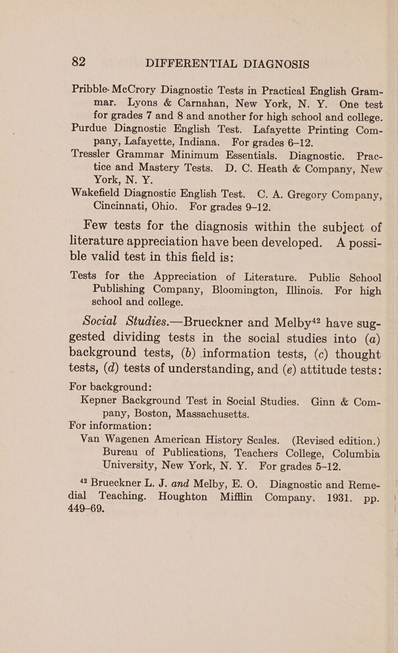 Pribble- McCrory Diagnostic Tests in Practical English Gram- mar. Lyons &amp; Carnahan, New York, N. Y. One test for grades 7 and 8 and another for high school and college. Purdue Diagnostic English Test. Lafayette Printing Com- pany, Lafayette, Indiana. For grades 6-12. Tressler Grammar Minimum Essentials. Diagnostic. Prac- tice and Mastery Tests. D.C. Heath &amp; Company, New York, N. Y. Wakefield Diagnostic English Test. C. A. Gregory Company, Cincinnati, Ohio. For grades 9-12. Few tests for the diagnosis within the subject of literature appreciation have been developed. A possi- ble valid test in this field is: Tests for the Appreciation of Literature. Public School Publishing Company, Bloomington, Illinois. For high school and college. Socral Studies.—Brueckner and Melby* have sug- gested dividing tests in the social studies into (a) background tests, (b) information tests, (c) thought tests, (d) tests of understanding, and (e) attitude tests: For background: Kepner Background Test in Social Studies. Ginn &amp; Com- pany, Boston, Massachusetts. For information: Van Wagenen American History Scales. (Revised edition.) Bureau of Publications, Teachers College, Columbia University, New York, N. Y. For grades 5-12. *2 Brueckner L. J. and Melby, E. O. Diagnostic and Reme- dial Teaching. Houghton Mifflin Company. 1931. pp. 449-69. |