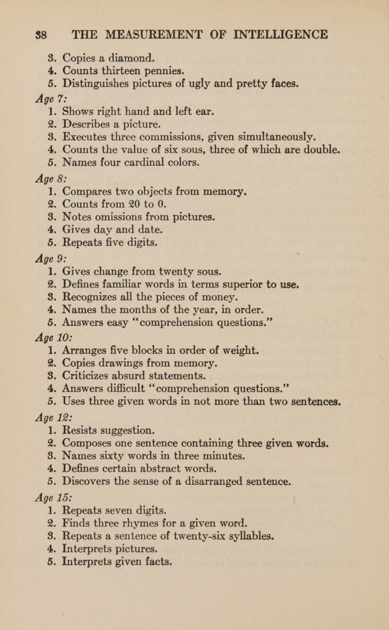 8. Copies a diamond. 4, Counts thirteen pennies. §. Distinguishes pictures of ugly and pretty faces. Age ?: 1. Shows right hand and left ear. 2. Describes a picture. 3. Executes three commissions, given simultaneously. 4. Counts the value of six sous, three of which are double. 5. Names four cardinal colors. Age 8: 1. Compares two objects from memory. 2, Counts from 20 to 0. 8. Notes omissions from pictures. 4. Gives day and date. 5. Repeats five digits. Age 9: 1. Gives change from twenty sous. 2. Defines familiar words in terms superior to use. 8. Recognizes all the pieces of money. 4. Names the months of the year, in order. 5. Answers easy “comprehension questions.” Age 10: 1. Arranges five blocks in order of weight. 2. Copies drawings from memory. 8. Criticizes absurd statements. 4. Answers difficult ““comprehension questions.” 5. Uses three given words in not more than two sentences. Age 12: 1. Resists suggestion. 2. Composes one sentence containing three given words. 3. Names sixty words in three minutes. 4. Defines certain abstract words. 5. Discovers the sense of a disarranged sentence. Age 15: 1. Repeats seven digits. 2. Finds three rhymes for a given word. 3. Repeats a sentence of twenty-six syllables. 4. Interprets pictures. 5. Interprets given facts.