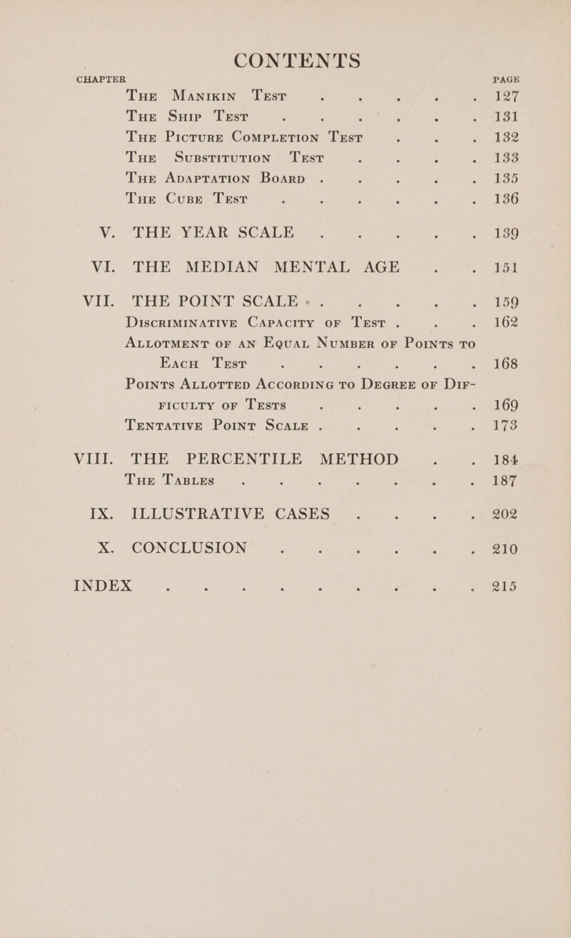 CHAPTER V. Vi. VII. VIII. IX. X. CONTENTS THe Manixin’ Test Tue Suie Test Tue Picture Comp.Letion Test Tue Svusstritution TEstT Tue ApaptTaTion Boarp Tue Cuse Test THE YEAR SCALE THE MEDIAN MENTAL AGE THE POINT SCALE: . DIscRIMINATIVE Capacity oF TEsT . ALLOTMENT OF AN Equat NumBer oF Points To Eacu Test : ; Points ALLOTTED ACCORDING TO DEGREE oF DiIF- FICULTY OF TeEstTs TENTATIVE Point SCALE . THE PERCENTILE METHOD Tue TasLes ILLUSTRATIVE CASES— CONCLUSION