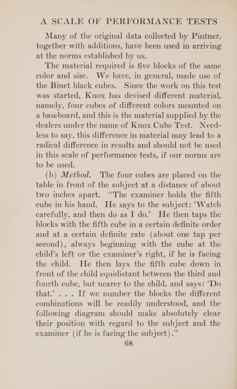 Many of the original data collected by Pintner, together with additions, have been used in arriving at the norms established by us. The material required is five blocks of the same color and size. We have, in general, made use of the Binet black cubes. Since the work on this test was started, Knox has devised different material, namely, four cubes of different colors mounted on a baseboard, and this is the material supplied by the dealers under the name of Knox Cube Test. Need- less to say, this difference in material may lead to a radical difference in results and should not be used in this scale of performance tests, if our norms are to be used. | (b) Method. 'The four cubes are placed on the table in front of the subject at a distance of about two inches apart. “The examiner holds the fifth cube in his hand. He says to the subject: ‘Watch carefully, and then do as I do.’ He then taps the blocks with the fifth cube in a certain definite order and at a certain definite rate (about one tap per second), always beginning with the cube at the child’s left or the examiner’s right, if he is facing the child. He then lays the fifth cube down in front of the child equidistant between the third and fourth cube, but nearer to the child, and says: “Do that.” . . . If we number the blocks the different combinations will be readily understood, and the following diagram should make absolutely clear their position with regard to the subject and the examiner (if he is facing the subject) .”
