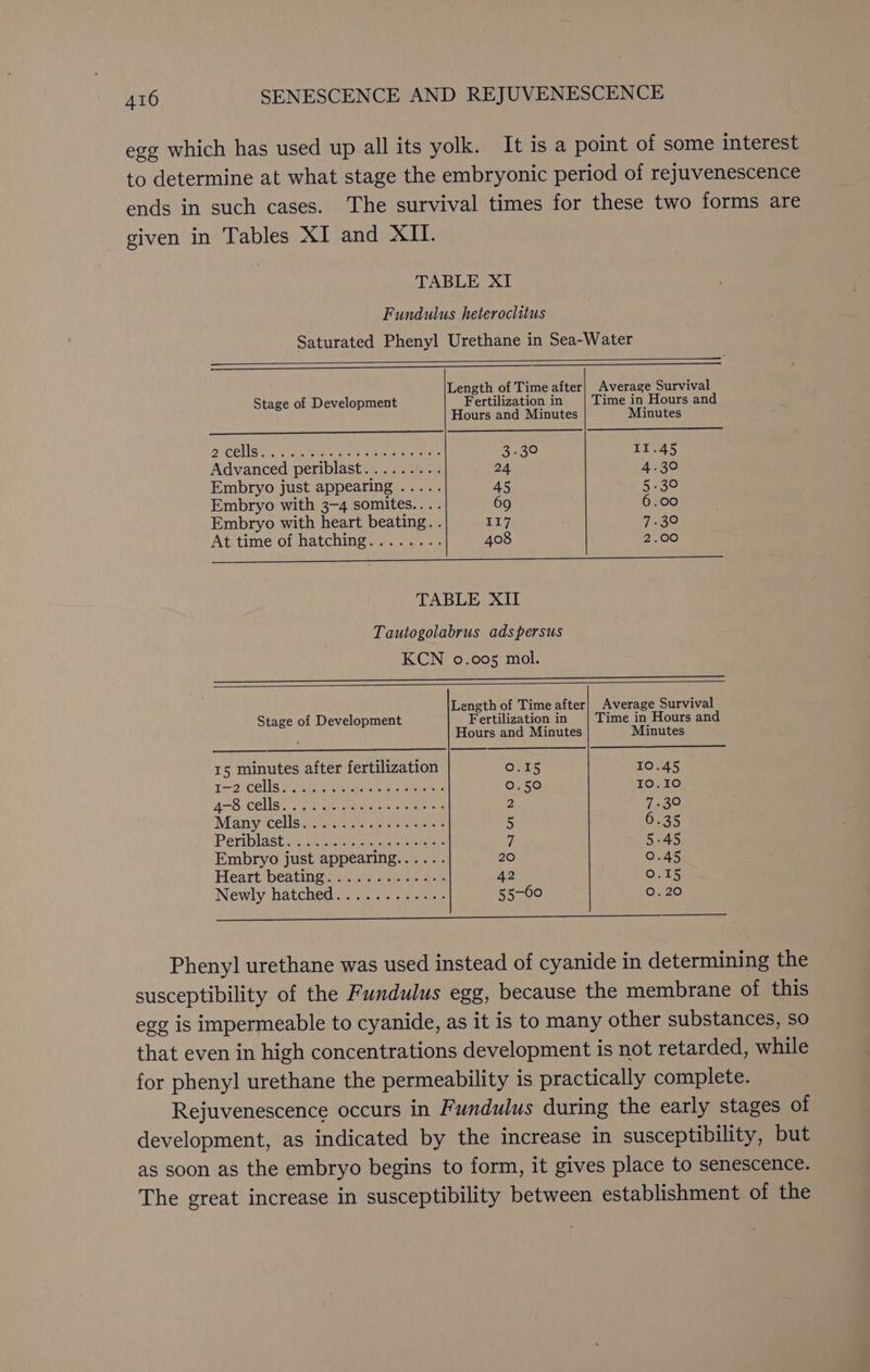 egg which has used up all its yolk. It is a point of some interest to determine at what stage the embryonic period of rejuvenescence ends in such cases. The survival times for these two forms are given in Tables XI and XII. TABLE XI Fundulus heteroclitus Saturated Phenyl Urethane in Sea-Water Length of Time after| Average Survival Stage of Development Fertilization in Time in Hours and Hours and Minutes Minutes PCOS. ioe eee Sine Ses 3.30 II.45 Advanced periblast......... 24 4.30 Embryo just appearing ..... 45 5.30 Embryo with 3-4 somites.... 69 6.00 Embryo with heart beating. . 117 7.30 At ume of hatchingen..: 2+. 408 2.00 ——$— TABLE XII Tautogolabrus adspersus KCN 0.005 mol. a SS SS eee Length of Time after| Average Survival Stage of Development Fertilization in Time in Hours and Hours and Minutes Minutes 15 minutes after fertilization Cots 10.45 T—3 cells Paste ae cae 0.50 10.10 4-8 cells. cs che she ek &lt; 2 dees) Many iteliscc. toc. Aeeeaee 5 6.35 Periblast: antisense aera 7 ier Embryo just appearing...... 20 0.45 Heart beatingr iii) 265 6-0 42 0.15 Newly hatched. . 3.456... 55-60 0.20 Phenyl urethane was used instead of cyanide in determining the susceptibility of the Fundulus egg, because the membrane of this egg is impermeable to cyanide, as it is to many other substances, so that even in high concentrations development is not retarded, while for phenyl urethane the permeability is practically complete. Rejuvenescence occurs in Fundulus during the early stages of development, as indicated by the increase in susceptibility, but as soon as the embryo begins to form, it gives place to senescence. The great increase in susceptibility between establishment of the