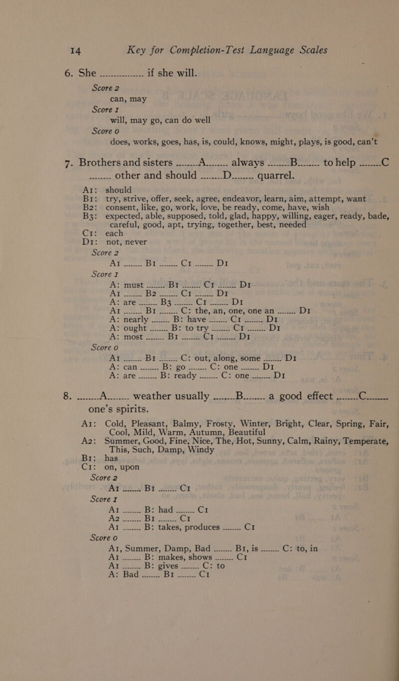 GU ee tee if she will. Score 2 can, may Score I will, may go, can do well Score 0 ; does, works, goes, has, is, could, knows, might, plays, is good, can’t 7. Brothers and sisters -__..... (3 Rabe always ........ i oneal to help ........ Cc ee other and should ........D-....... quarrel. At: should Bi: try, strive, offer, seek, agree, endeavor, learn, aim, attempt, want B2: consent, like, go, work, love, be ready, come, have, wish B3: expected, able, supposed, told, glad, happy, willing, eager, ready, bade, careful, good, apt, trying, together, best, needed C1: each Di: not, never Score 2 PME aig Bi ok Cor cee D1 Score I At must’ 225) Bre! CP sie D1 | Sir Br. oe Cty gt Di Aare ge: the, Waseca Cre Se D1 Ag re oh gh C: the, an, one, one an ........ Di A: nearly 2. Br have? 26 Crees Di Az *oughe 2 bY to try 2m iors Di A&gt; midst ee) BIL oe Cpidels D1 Score 0 Y. | eater Bt--: C: out, along, some ........ D1 PT ANS Cae SA (ape ae OB ca Di Fu: ate oan Birea0y 2 (Cy One Di SS ee Pie: weather usually ........ ie eee a good effect ........ Cas AES one’s spirits. At: Cold, Pleasant, Balmy, Frosty, Winter, Bright, Clear, Spring, Fair, Cool, Mild, Warm, Autumn, Beautiful A2: Summer, Good, Fine, Nice, The, Hot, Sunny, Calm, Rainy, Temperate, This, Such, Damp, Windy Br: has _CrI: on, upon Score 2 AT Be Bi 38 CI Score I He Epes Aral hate sr ve pei Biel I Al eo B: takes, produces -...... oe Score o Al, Summer, Damp, Bad ........ je} eas pas C: to, in PiPhs 2. B: makes, shows ........ Cys bene B: gives 1. Cs te
