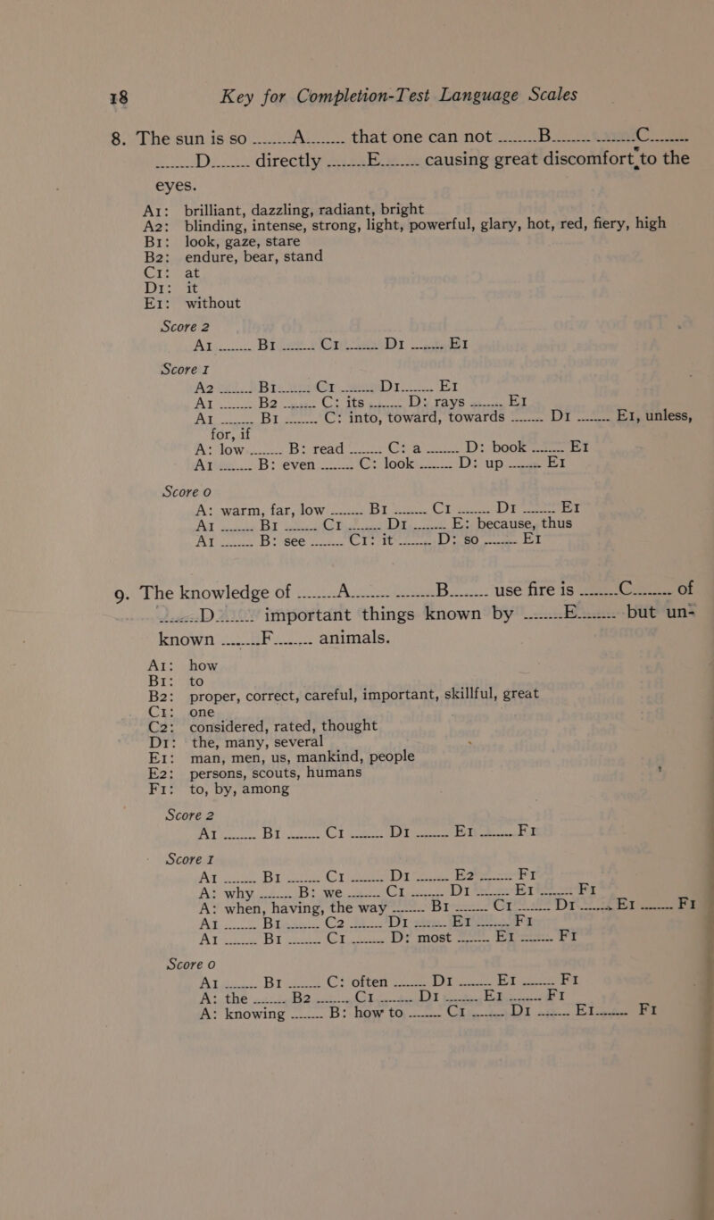 8. The sun is so ........ het WR that one can not ........ B22 Ae Ce Be nals D........ directly ........E........ causing great discomfort’ to the eyes. Ai: brilliant, dazzling, radiant, bright A2: blinding, intense, strong, light, powerful, glary, hot, red, fiery, high Bri: look, gaze, stare B2: endure, bear, stand CSAs Wier E1: without Score 2 jt ae Bigets Auth ee Di E1 Score I AF Th Bris oy et 6) pee EI th NON Be ae Ite ph D&gt;» rays 44. EI Ms a i PY pre cobimes C: into, toward, towards -....... OF ce EI, unless, or, i Foivdowsni Bi bates 628 Baers! D: book 22 EI ARGS... B: even ........ CG looke 2 D: up EI Score O A: warm, far, low’... Biese. Lk aie Lee EI taller aL gee AA CoD ea BS Aes E: because, thus ATs B: see .......- ih pes 59d eal | pay bead EI 9. The knowledge of ........ A eee Beets: use fire is -....... Ce Bese) ALO important things known by ........ Bysctss: but un- TiO ue ee animals. At: how Br. a0 B2: proper, correct, careful, important, skillful, great Ck: one C2: considered, rated, thought Di: the, many, several EI: man, men, us, mankind, people E2: persons, scouts, humans ; Fi: to, by, among PT Skictnin Bt ukeas BF RS I hy Geen ry at Wale FI Atte S55) ote Cries BPE ks Ear FI AS WHY et . B; owe. 4. EF EOE 19t t Ei FI A: when, having, the way -.....-- ph pe ener Cale ee Bk ae ay aes 5 epeene 8 Blase. Co Li eee ete FI BY Be eae ey Ae Hate Ps most = foes FI ka Biss Ch olten 2. Ly Gee Bt cao FI Pete chlals ee Cy ee RT te Hs oes FI A: knowing .......- B: bow to. oo Pa LL atte Ero éo FI ————