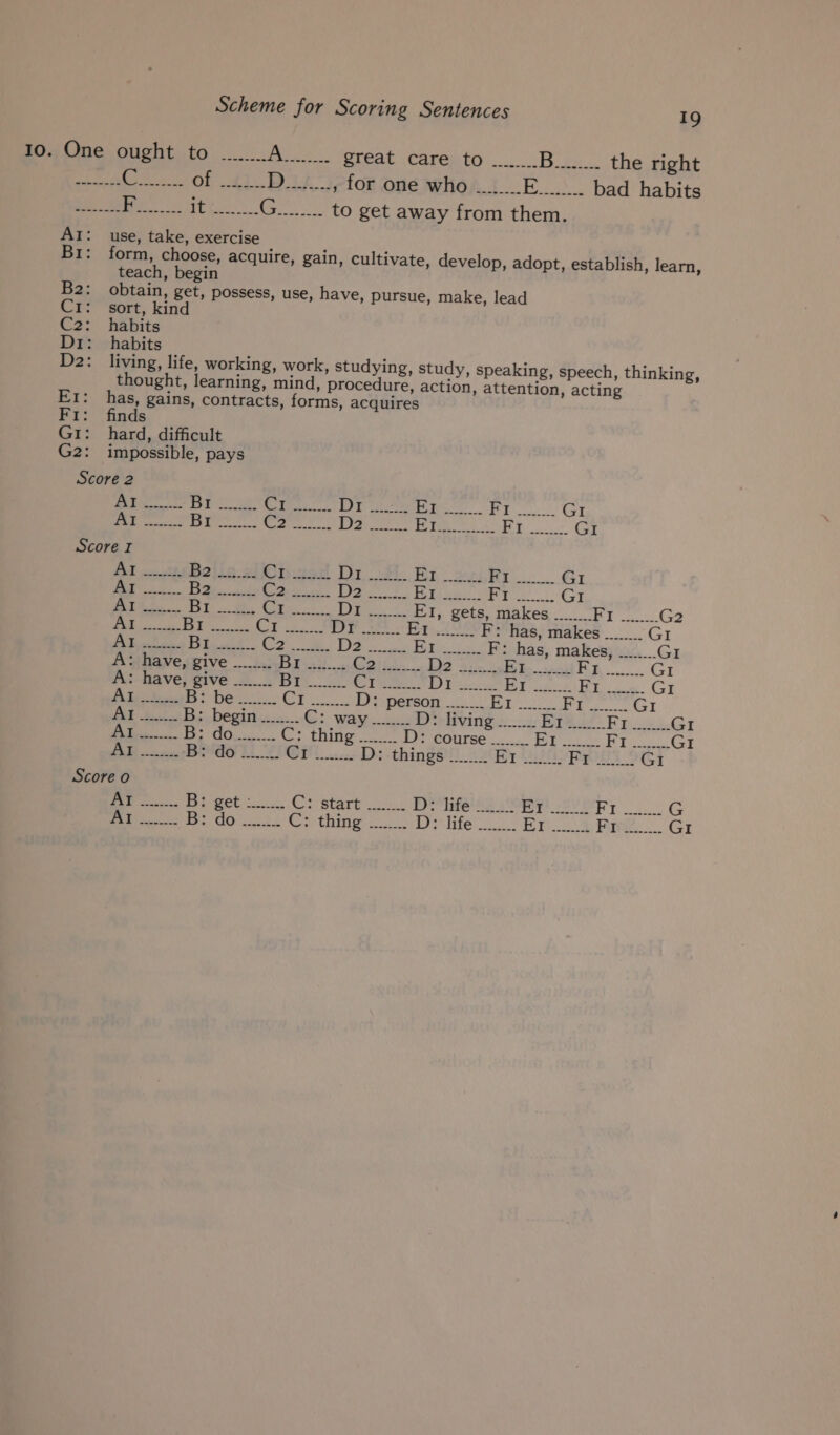 10. One ought to ........ 1 OSI Preat icarento ... |S es the right pa EN Ce Ob 41D Ls Jofon ade wha ..-.-..-E........ bad habits Dir Pe ete. G.. to get away from them. AI: use, take, exercise Br: form, choose, acquire, gain, cultivate, develop, adopt, establish, learn, teach, begin B2: obtain, get, possess, use, have, pursue, make, lead Ci: sort, kind C2: habits Di: habits D2: living, life, working, work, studying, study, speaking, speech, thinking, thought, learning, mind, procedure, action, attention, acting Et: has, gains, contracts, forms, acquires Fi: finds Gi: hard, difficult G2: impossible, pays Score 2 fbi bn) SO Ct, | 5 pe tel Se ee te Quowaes GI 12 ¥ apelin Li} st Aad shy xo dda sf Mi oo jap RR hs § SAAS GI Score I Pd const 12) is. 2: Cp wits [5 aime oO FET, =. Sor &gt; GI ye ad o&gt; eee? i Nel bo amo a 5 Eee ae ‘se GI Se See OT... Be. ot aa Dye i EI, gets, makes _...__ aloes G2 YS Le pa Ee |) pet 15 Aa ee F: has, makes ..._.... GI Fone ee iia. a bs Se Et Spee F: has, makes, ........ GI A: have, give -....... BY 3. 05. Te Di? 3355 |) ae + ea GI A: have, give _....... Bi. CT. 1} eee Ds grad Be GI FS Poe, em B: be __...... hg eae D: person ........ | abi | if aa GI 7 ie Oe B: begin ........ @: way is D: living ........ | Ce nie Bri. GI Te se ae ce SiN cet D: course ........ op AR 1 GI et oie. Bivde Le 2 eee D: things __..... BY ast Feet GI Score o 3 nO Bi get. 2. (3) Stare os Plead 49 sg dab ah Ae Pas G PED Sc 8 oi. dG ed Co thine. gic LP lite’. HS ORAS. Bri... GI