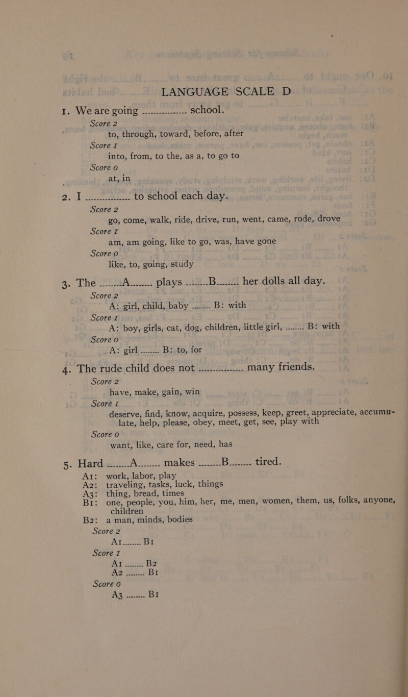 1. Weare going -.............-- school. Score 2 to, through, toward, before, after Score I into, from, to the, as a, to go to Score 0 ; at, in D. Ur to school each day. Score 2 go, come, walk, ride, drive, run, went, came, rode, drove Score I am, am going, like to go, was, have gone Score oO like, to, going, study BUkhe ores Pe plays..id.. Bu... her dolls all day. Score 2 A: girl, child, baby -....... B: with Score I A: boy, girls, cat, dog, children, little girl, ..... B: with Score o At gu ie B: to, for 4. The rude child does not .......:..--.-.- many friends. Score 2 7 have, make, gain, win Score I deserve, find, know, acquire, possess, keep, greet, appreciate, accumu- late, help, please, obey, meet, get, see, play with Score o want, like, care for, need, has Ai: work, labor, play A2: traveling, tasks, luck, things A3: thing, bread, times Br: one, people, you, him, her, me, men, women, them, us, folks, anyone, children B2: aman, minds, bodies Score 2 Ph eee BI Score I PLE ees B2 2 Oe BI Score 0 pk Dore am BI