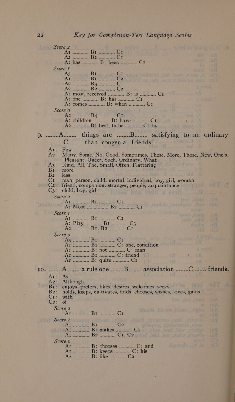 Score 2 rh Ba eaceee Cor a Se eh Rice Cy Pichae ois ie BP Deen Aak.... 2 the Score I #3 soles EP OR nebo Cr AT ee BY ca F &gt; Beaae ne Tr Ba tee es oS Cr NN Sel Pen 32 tie. ke C2 A: most, received _........... By 19 232 x: Gi FONG oo Biotin C1 Ah Comeseii oy) u Beowhen.- 234 Ui Score o | 4 ear cM je bbesainsnn Cr a children ..0= B: haved. CI A 2rcrescriarh. B: best, to be ....2...... Ctiby. Oy ee | Me ioe things are ........ es: satisfying to an ordinary stole C........ than congenial friends. | A1: Few A2: Many, Some, No, Good, Sometimes, These, More, Those, New, One’s, Pleasant, Queer, Such, Ordinary, What A3: Kind, All, The, Small, Often, Flattering Bri: more B2: less C1: man, person, child, mortal, individual, boy, girl, woman C2: friend, companion, stranger, people, acquaintance C3: child, boy, girl Score 2 PAL TSE Broth feeb C1 NEUSE ete [apie dean Cy Score I : Sane My SCR tS Wit tunes C2 AS Plaw uc, La ete Ms C3 se eR INA Bly De arcs C1 Score o | a oe Pr ae Cr | e's ib ae BY Oss, BO C: one, condition | ote IA Mee a a Bini Ciman Ap ets Bi) Rae ei C: friend a fe ey, OE B: quite -......... oa 100 ne Aneers a rule one ........ AS. cored association ...... Coe Al: : As A2: Although Br: enjoys, prefers, likes, desires, welcomes, seeks B2: holds, keeps, cultivates, finds, chooses, wishes, loves, gains C1: with Co: OF Score 2 JA Beicte ROE BE yea od Score I cos, ae EOE iy C2 Ad: uelaiy B: makes xa:.cxd- Cat 0 ene rae 2 he Ui Ce Score o Lae. B: chodses: 2 302 C: and Pe Gr enna 1am B&gt; keeps 4.2.45... C: his b See oy Cae Bi dike 27.02 C2