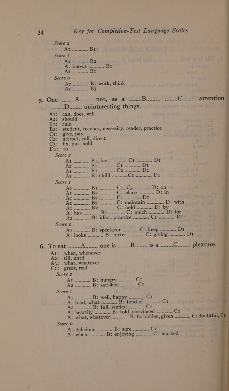 Score 2 WATTS Bri Score I Por We 1 Bs B2 A&gt;, KNOWS a2.,45-02 BI © Uiibaty Cee I Score oO at Imus B: work, think Bret. B3 5. Ones st. Ala not, as:.aewe 129 bees hg 3! Git attention pee D........ uninteresting things. At: can, does, will A2: should Bi: rule B2: student, teacher, necessity, reader, practice C1: give, pay C2: attract, call, direct C3: fix, put, hold Di: to Score 2 AS Leet ok eR EFS Wives melessmr DF orc stacey D1 PA ce: Ehaeotie CT ee oats D1 yk el ee Pea te 2 Uae D1 AT eo. Bechild ic Ghrel 2, D1 Score I AT cree. Li, SaeB Ae C1, Geis D: on ree Gewese Bares os (oy Vea ae in Alo? wn BO... 6) eee 1 I AT 2.5 | re a (Ct maintain Sco. D: with 1 0) eee, [et TO pad a Beicpe ole, | Bie Rete D: by Ae as Wine cs eran tae te, C: muchi.2ei8 D: for hI 8 B: idiot, practice -........... Cri gy Dr Score oO 1h Replle Laie Us B: spectator 2.0. take (+ ERD niceties Di AP OOKS tees te BD? tarter 35428 oe OTVANG 2a ieee D1 6. To eat........- BN es one is .......- Bie. PSAs (Oat pleasure. At: when, whenever A2: till, until A3: what, whatever C1: great, real Score 2 at eg ee Fic aNere cee Ci 3 © ESPs B? satished 0... CI Score I . 10 BOW ween ee B: ‘well, happy 42. C1 A: food, what ............ B:fondcof .....-..-£ C1 PAD ssc ceiales B? tall, stutied ......-.... CI A* heartily «4.8. B: told, convinced ............ CI ; A: what, whatever, -...:.-..-.- B: forbidden, given .........--- &amp; doubtful, G Score 0 A delicious ...u222 Bi spre. a, CI PS DRMETD Li o.na0o-eces B: enjoying ..........-. C: marked