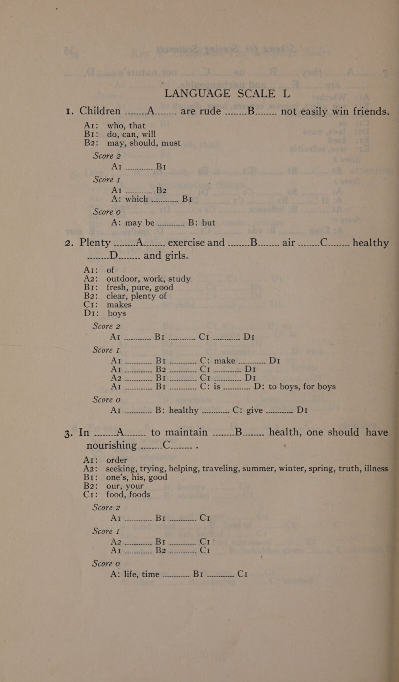 1. Childreh.2. )5 may are rude _....-. pene not easily win friends. — Na’, 4 who, that Br: do, can, will B2: may, should, must Score 2 fe ME IE aie BI Score I | fo hyde RE B2 Actwhtehg fa... Br Score o As: may, beaitus B: but 2. Plenty ia Ace | exercise and ___..... Bivisy ait 34 te Ce healthy Diss D........ and girls. At: of A2: outdoor, work, study Br: fresh, pure, good B2: clear, plenty of C1: makes Di: boys Score 2 iN fe Sprarenne Bree jose Cin Pes D1 Score I i) eens Spey SORE C:- make .......... D1 At. Bae. Be As... a ee D1 Pay. \: ee BE. RS A ae a D1 BT ec aaea Js Coan see | Begs Fis te eS D: to boys, for boys Score o ATs ..d20E8 B: healthy ‘2002s. Ge give: 234 D1 “et Ta ganar Aer to maintain ........ La ee ein health, one should have nourishing ........ LeSaes : At: order : A2: seeking, trying, helping, traveling, summer, winter, spring, truth, illness Br: one’s, his, good B2: our, your C1: food, foods Score 2 TA aan, Boh: en. HE Score I AQi eae oe Rea ea CI ATAce ethos Beieeayest, CI Score o