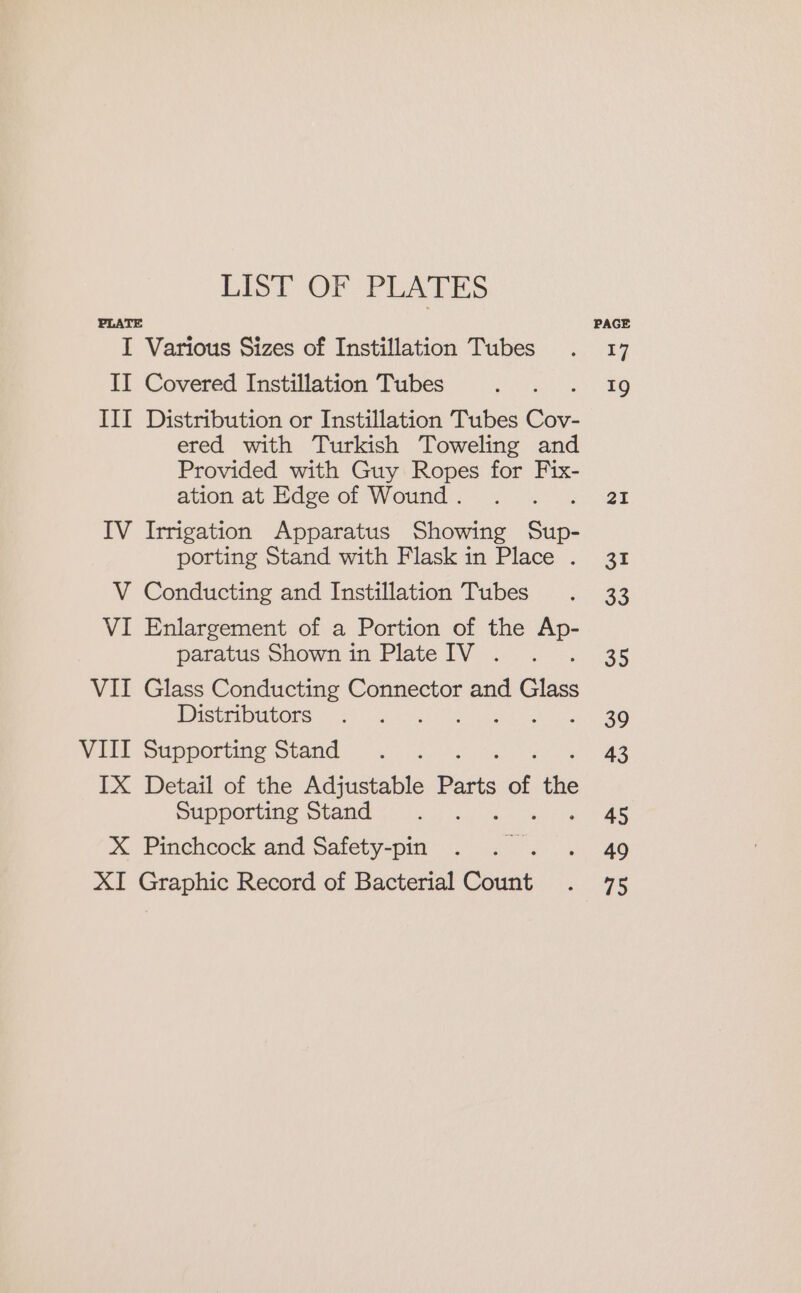 LIST OF PLATES PLATE I Various Sizes of Instillation Tubes II Covered Instillation Tubes III Distribution or Instillation Tubes Cov- ered with Turkish Toweling and Provided with Guy Ropes for Fix- ation at Edge of Wound . : IV Irrigation Apparatus Showing a porting Stand with Flask in Place . V Conducting and Instillation Tubes VI Enlargement of a Portion of the cul paratus Shown in Plate IV . VII Glass Conducting Connector and Glass Distributors VIII Supporting Stand IX Detail of the Adjustable ae of ne Supporting Stand 3 X Pinchcock and Safety-pin ‘ XI Graphic Record of Bacterial Count PAGE 17 19 2I 31 33 35 39 43 45 49 79