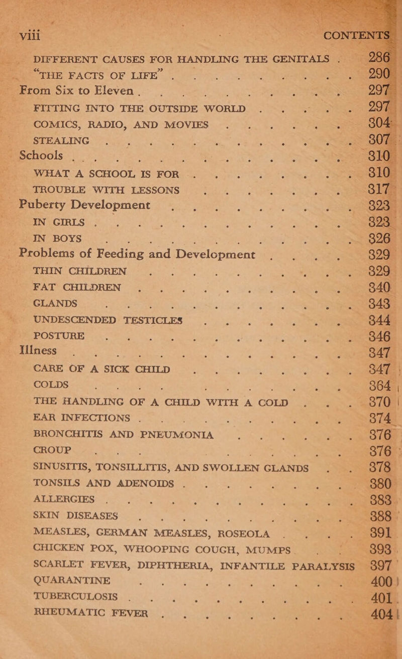 DIFFERENT CAUSES FOR HANDLING THE GENITALS a Seer FACTS OF LIFE \.'¢. &gt;... ee a From Six to Eleven . aa __FITTING INTO THE OUTSIDE WORLD . . . . je COMICS, RADIO, AND MOVIES. -.... 2 Bae San MERLING (Nays). 2 ty amet ow Sg Bs Schools . . : Loe. ; = a WHAT A SCHOOL IS FOR Pe Ma igh et ee ae ae TROUBLE » WITH LESSONS (79 Pi-4 2: oA _ Puberty Development IN GIRLS . _ IN BOYS Problems of Feeding andl Develéoment THIN CHILDREN FAT CHILDREN GLANDS - UNDESCENDED TESTICLES POSTURE a eiilGess Be) Shae CARE OF A SICK CHILD COLDS F THE HANDLING OF A CHILD WITH A COLD EAR INFECTIONS _ BRONCHITIS AND PNEUMONIA CROUP SINUSITIS, TONSILLITIS, AND SWOLLEN GLANDS TONSILS AND ADENOIDS ALLERGIES SKIN DISEASES MEASLES, GERMAN MEASLES, ROSEOLA CHICKEN POX, WHOOPING COUGH, MUMPS. of Pie pee y ° ° . QUARANTINE TUBERCULOSIS RHEUMATIC FEVER ° e . . . . .