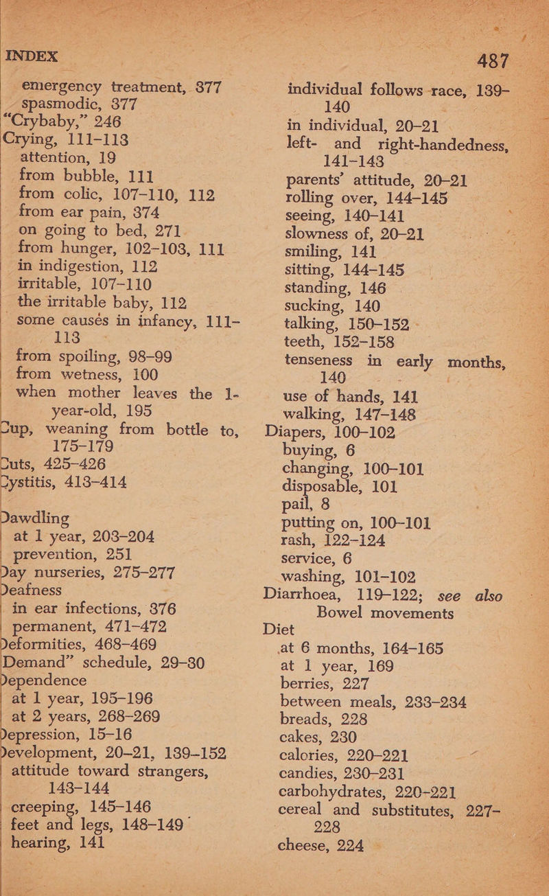 emergency treatment, 877 _- Spasmodic, 377 “Crybaby,” 246 Crying, 111-113 attention, 19 from bubble, 111 from colic, 107-110, 112 from ear pain, 374 on going to bed, 271. from hunger, 102-103, 111 in indigestion, 112 irritable, 107-110 _ the irritable baby, 112 some causés in infancy, 111- 113 | from spoiling, 98-99 from wetness, 100 when mother leaves the 1- year-old, 195 up, weaning from bottle to, 175-179 uts, 425-426 ystitis, 413-414 padlia | at I year, 203-204 prevention, 251 ay nurseries, oo eafness in ear infections, 376 permanent, 471-472 eformities, 468-469 Demand” schedule, ependence at 1 year, 195-196 at 2 years, 268-269 epression, 15-16 evelopment, 20~21, 189-152 attitude toward strangers, 143-144 creepi ng 145-146 feet and legs, 148-149 hearing, 141 29-80 ABP } 140 in individual, 20-21 left- and right-handedness, 141-143 parents’ attitude, 20-21 rolling over, 144-145 seeing, 140-141 n slowness of, 20-21 fe smiling, 141 sitting, 144-145 standing, 146 sucking, 140 talking, 150-152 - teeth, 152-158 tenseness in early months, 146 use of hands, 141 walking, 147-148 Diapers, 100-102 buying, 6 changing, 100-101 dis ae 101 pail, se on, 100-101 rash, 122-124 service, 6 washing, 101-102 Diarrhoea, 119-122; see also Bowel movements Diet at 6 months, 164-165 at 1 year, 169 berries, 227 Ses meals, 233-234 breads, 228 cakes, 230 calories, 220-221 @ candies, 230-231 carbohydrates, 220-221 cereal and _ substitutes, , 228 cheese, 224 —