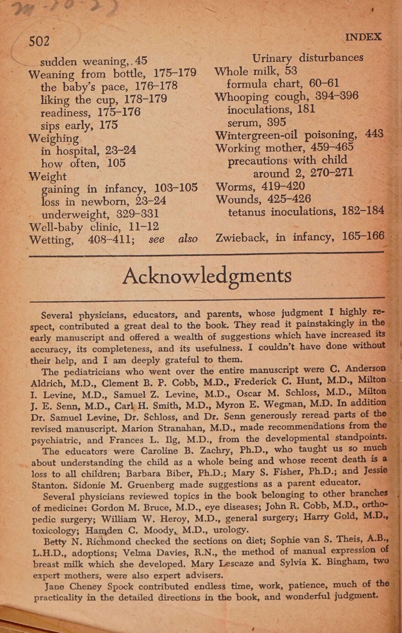 Weaning from bottle, 175-179 the baby’s pace, 176-178 liking the cup, 178-179 readiness, 175-176 sips early, 175 Weighing in hospital, 23-24 how often, 105 Weight Whole milk, 53 formula chart, 60-61 a Whooping cough, 394-396 __ S inoculations, 181 a. serum, 395. . : SS Wintergreen-oil poisoning, 443 Working mother, 459-465 = precautions: with child around 2, 270-271 = ; Worms, 419-420 | Wounds, 425-426 a tetanus inoculations, 182-184 eee in infancy, 103-105 oss in newborn, 28-24 - underweight, 329-331 Well-baby clinic, 11-12 Wetting, 408-411; see also Zwieback, in infancy, 165-166 : Acknowledgments Several physicians, educators, and parents, whose judgment I highly re-— spect, contributed a great deal to the book. They read it painstakingly in the early manuscript and offered a wealth of suggestions which have increased its accuracy, its completeness, and its usefulness. I couldn’t have done without | their help, and I am deeply grateful to them. -— &gt; The pediatricians who went over the entire manuscript were C. Anderson Aldrich, M.D., Clement B. P. Cobb, M.D., Frederick C, Hunt, M.D., Milton I. Levine, M.D., Samuel Z. Levine, M.D., Oscar M. Schloss, M.D., Milton J. E. Senn, M.D., Carl H. Smith, M.D., Myron E, Wegman, M.D. In addition _ Dr. Samuel Levine, Dr. Schloss, and Dr. Senn generously reread parts of the — revised manuscript. Marion Stranahan, M.D., made recommendations from t he psychiatric, and Frances L. Ilg, M.D., from the developmental standpoints. The educators were Caroline B. Zachry, Ph.D., who taught us so much loss to all children; Barbara Biber, Ph.D.; Mary S. Fisher, Ph.D.; and Jessie Stanton. Sidonie M. Gruenberg made suggestions as a parent educator, Re Several physicians reviewed topics in the book belonging to other bran hes of medicine: Gordon M. Bruce, M.D., eye diseases; John R. Cobb, M.D., ortho- pedic surgery; William W. Heroy, M.D., general surgery; Harry Gold, M.D., toxicology; Hamden C, Moody, M.D., urology. ; Betty N. Richmond checked the sections on diet; Sophie van S, Theis, A.Ba L.H.D., adoptions; Velma Davies, R.N., the method of manual expression of breast milk which she developed. Mary Lescaze and Sylvia K. Bingham, two expert mothers, were also expert advisers. a Jane Cheney Spock contributed endless time, work, patience, much of the practicality in the detailed directions in the book, and wonderful judgment. — —_* ver
