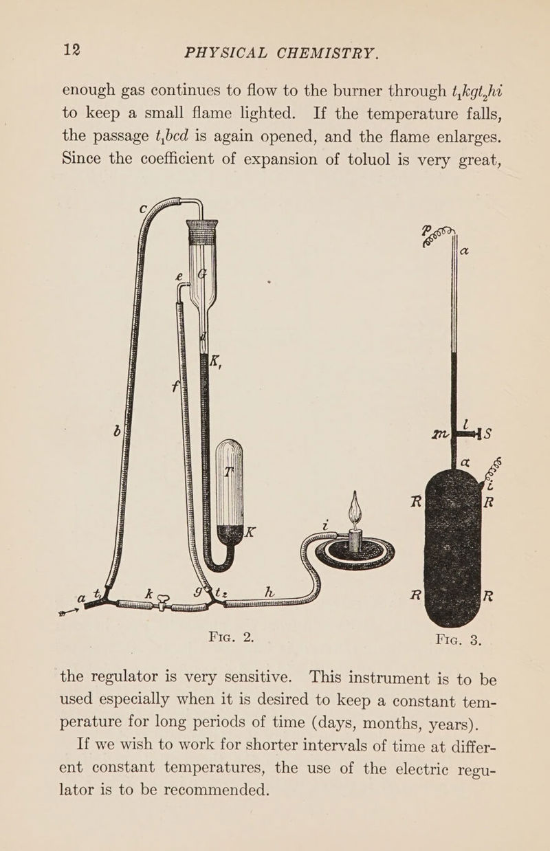 enough gas continues to flow to the burner through t,kgt,hi to keep a small flame lighted. If the temperature falls, the passage t,bcd is again opened, and the flame enlarges. Since the coefficient of expansion of toluol is very great,