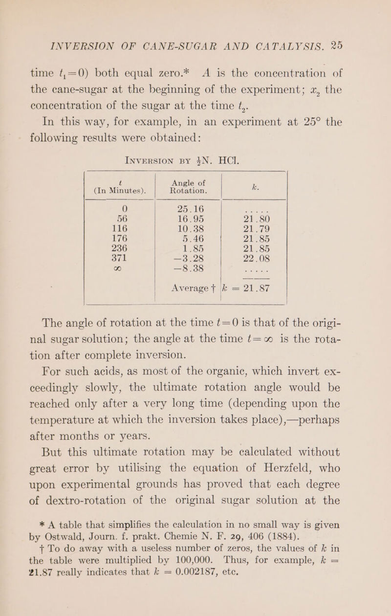 time t,=0) both equal zero.* A is the concentration of the cane-sugar at the beginning of the experiment; x, the concentration of the sugar at the time ¢,. In this way, for example, in an experiment at 25° the following results were obtained: Inversion BY $3N. HCI. t Angle of k (In Minutes). Rotation. 3 0 Se | rh ne 56 16.95 21.80 116 10.38 21.79 176 5.46 21.85 236 1.85 21.85 371 —3.28 22.08 ore) ce | oh, eels Average jf k = 21.87 The angle of rotation at the time {=0 is that of the origi- nal sugar solution; the angle at the time t= is the rota- tion after complete inversion. For such acids, as most of the organic, which invert ex- ceedingly slowly, the ultimate rotation angle would be reached only after a very long time (depending upon the temperature at which the inversion takes place) ,—perhaps after months or years. But this ultimate rotation may be calculated without great error by utilising the equation of Herzfeld, who upon experimental grounds has proved that each degree of dextro-rotation of the original sugar solution at the * A table that simplifies the calculation in no small way is given by Ostwald, Journ. f. prakt. Chemie N. F. 29, 406 (1884). + To do away with a useless number of zeros, the values of k in the table were multiplied by 100,000. Thus, for example, k = 21.87 really indicates that k = 0.002187, etc.