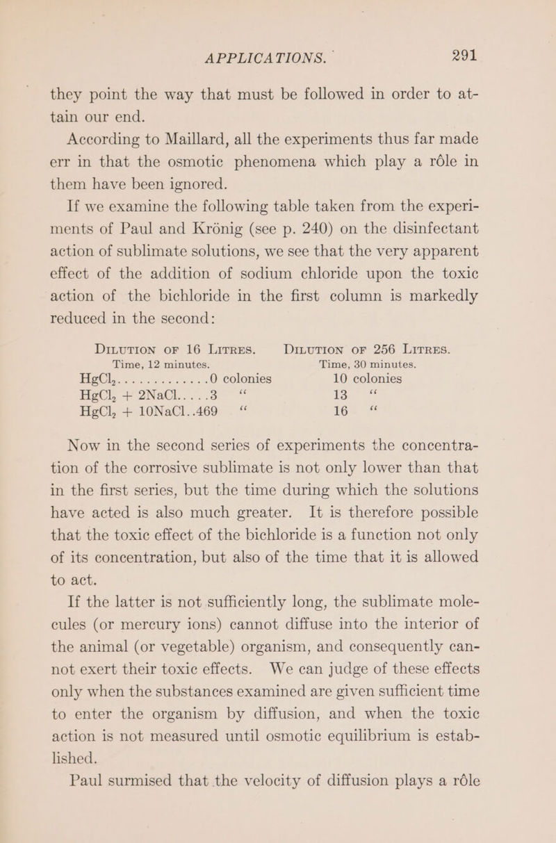 they point the way that must be followed in order to at- tain our end. According to Maillard, all the experiments thus far made err in that the osmotic phenomena which play a role in them have been ignored. If we examine the following table taken from the experi- ments of Paul and Krönig (see p. 240) on the disinfectant action of sublimate solutions, we see that the very apparent effect of the addition of sodium chloride upon the toxic action of the bichloride in the first column is markedly reduced in the second: DiLuTIoNn oF 16 LITRES. DiLtuTiIon oF 256 LitrEs. Time, 12 minutes. Time, 30 minutes. 1 5 1,8) SS ee 0 colonies 10 colonies Heth F2NaEl....3- * Par. HgCl, + 10NaCl..469 “ 165 Now in the second series of experiments the concentra- tion of the corrosive sublimate is not only lower than that in the first series, but the time during which the solutions have acted is also much greater. It is therefore possible that the toxic effect of the bichloride is a function not only of its concentration, but also of the time that it is allowed to act. If the latter is not sufficiently long, the sublimate mole- cules (or mercury ions) cannot diffuse into the interior of the animal (or vegetable) organism, and consequently can- not exert their toxic effects. We can judge of these effects only when the substances examined are given sufficient time to enter the organism by diffusion, and when the toxic action is not measured until osmotic equilibrium is estab- lished. Paul surmised that the velocity of diffusion plays a réle