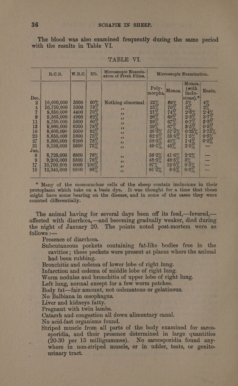 TABLE VI. R.C.B. W.B.C.| Hb. eran” henge Microscopic Examination. me vee oly wit ‘ morphs Monos. re Eosin. sions).* 10,600,000 | 5000 | 90% |} Nothing abnormal | 22% | 69% | 5% | 49 10,750,000 | 5300 | 78° i 257 | 70% | 3% yh 9,850,000 | 4400 | 70% y 217, | 742 | 26% | 2-47 9,565,000 | 4900 | 82% fs 267 | 68 2°37 | 8772 9,750,000 | 5600 | 80% as 297% | 67%. | 0-77 | 8:37 9,900,000 | 6200 | 78° te 297 | 67% | 85% | 0-57 9,600,000 | 5000 | 82% . 85% | 575% | 0:25% | 3°75% 8,650,000 | 5800 | 757 f: 62°57, | 35°57 | 1:5%° | 0-57 9,300,000 | 6200 | 78°/ (; 583% | 40% °° | 14% | 0°37 9,150,000 | 5600 | 75% y 49°57 | 487 | 2:57 | — 8,720,000 | 6800 | 76% i 56-2% | 416% | 2-27 | — 9,200,000 | 5800 | 76% be 48-57 | 48-57 | 3% ia 10,700,000 | 8000 | 100% Hf 87% | 12:57 | 05% | — 12,340,000 | 8800 | 98% Ke 91°3% | 8571 0:37 | — Presence of diarrhcea. Subcutaneous pockets containing fat-like bodies free in the cavities ; these pockets were present at places where the animal had been rubbing. Bronchitis and cedema of lower lobe of right lung. Infarction and cedema of middle lobe of right lung. Worm nodules and bronchitis of upper lobe of right lung. Left lung, normal except for a few worm patches. Body fat—fair amount, not cedematous or gelatinous. No Balbiana in cesophagus. Liver and kidneys fatty. Pregnant with twin lambs. Catarrh and congestion all down alimentary canal. No acid-fast organisms found. Striped muscle from all parts of the body examined for sarco- sporidia, and their presence determined in large quantities (20-30 per 15 milligrammes). No sarcosporidia found any- where in non-striped muscle, or in udder, teats, or genito- urinary tract.