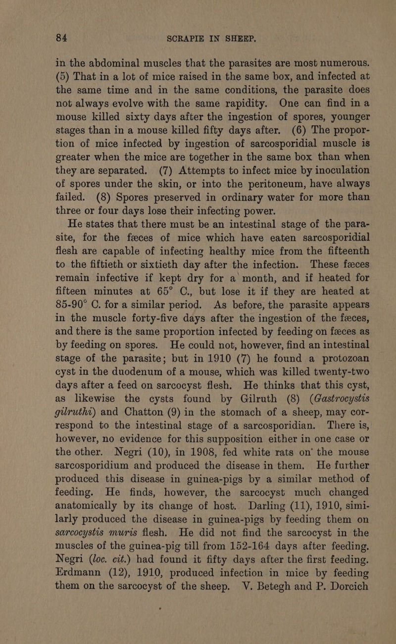 in the abdominal muscles that the parasites are most numerous. (5) That in a lot of mice raised in the same box, and infected at the same time and in the same conditions, the parasite does not always evolve with the same rapidity. One can find ina mouse killed sixty days after the ingestion of spores, younger stages than in a mouse killed fifty days after. (6) The propor- tion of mice infected by ingestion of sarcosporidial muscle is greater when the mice are together in the same box than when they are separated. (7) Attempts to infect mice by inoculation of spores under the skin, or into the peritoneum, have always failed. (8) Spores preserved in ordinary water for more than three or four days lose their infecting power. He states that there must be an intestinal stage of the para- site, for the feeces of mice which have eaten sarcosporidial flesh are capable of infecting healthy mice from the fifteenth to the fiftieth or sixtieth day after the infection. These feces remain infective if kept dry for a month, and if heated for fifteen minutes at 65° C., but lose it if they are heated at 85-90° C. for a similar period. As before, the parasite appears in the muscle forty-five days after the ingestion of the faces, and there is the same proportion infected by feeding on feces as by feeding on spores. He could not, however, find an intestinal stage of the parasite; but in 1910 (7) he found a protozoan cyst in the duodenum of a mouse, which was killed twenty-two days after a feed on sarcocyst flesh. He thinks that this cyst, as likewise the cysts found by Gilruth (8) (G@astrocystis gilrutht) and Chatton (9) in the stomach of a sheep, may cor- respond to the intestinal stage of a sarcosporidian. There is, however, no evidence for this supposition either in one case or the other. Negri (10), in 1908, fed white rats on’ the mouse sarcosporidium and produced the disease in them. He further produced this disease in guinea-pigs by a similar method of feeding. He finds, however, the sarcocyst much changed anatomically by its change of host. Darling (11), 1910, simi- larly produced the disease in guinea-pigs by feeding them on sarcocystis muris flesh. He did not find the sarcocyst in the muscles of the guinea-pig till from 152-164 days after feeding. Negri (loc. cit.) had found it fifty days after the first feeding. Erdmann (12), 1910, produced infection in mice by feeding them on the sarcocyst of the sheep. V. Betegh and P. Dorcich