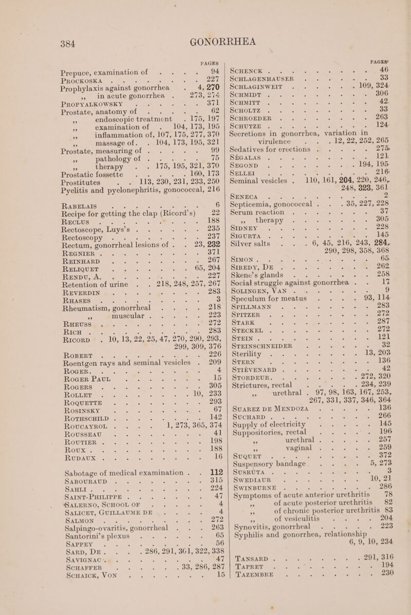 PAGES Prepuce, examination O86 wi PET es PROCKOSKA k 227 Prophylaxis against gonorrhea 4, 270 , in acute gonorrhea 273, 274 PROPYALKOWSKY RP OC LEE Prostate, anatomy of . ; 62 at endoscopic treatment. 175; 197 a examination of 104, 173,105 x inflammation of, 107, 175, 277, 370 massage of. 104, 173, ae 321 Prostate, measuring Of . . . : 99 1 pathology of . UD + therapy 175, 195, 2212370 Prostatic fossette - 160, 173 Prostitutes tes 230, 231, 233, 250 Pyelitis and pyelonephritis, gonococcal, 216 RABELAIS À 6 Recipe for getting the clap (Ricord's ) 22 RECLUS . : 155 Rectoscope, Luys’ 8 235 Rectoscopy . + 1291 Rectum, gonorrheal eee Den 251002 REGNIER . . anole REINHARD ra 201 RELIQUET 65, 204 RENDU, À. . : 221 Retention of rire : 218, 248, 257, 267 REVERDIN nal ee ieee RHASES . SA CT. 3 Rheumatism, gonorrheal 218 ay muscular . 223 RHEUSS 272 RicH Pe te haat) Se. ss Mee 288 RICORD 1010, 19222 25,47,270, 290203; 299, 309, 376 ROBERT : 7220 Roentgen rays and seminal ‘vesicles 209 ROGERS RL TT. ORNE Re 4 ROGER PAUL As PS ist aoa - AIT 15 ROGERS TES 305 POLE TR NES NS ny URSS ROQUETTE D 293 RoOSINSKY De ET EN TIC VAR 67 ROTEHSCHILDL.. = . 0 142 ROUCAYROL sb 273, + 366, ie ROUSSEAU : ROUTIER . a3 ROUX. RS LT TR 188 CD US CU, MU i Aer oa 16 Sabotage of medical examination . 112 SABOURAUD SL SAHLI . ey Bie take 224 SAINT- PHILIPPE 2 ie? 8 LATE ie ee 47 SALERNO, SCHOOL OF +. . .. . 4 SALICET, GUILLAUME DE ,.. . . . 4 SALMON 272 Salpingo- -ovaritis, gonorr ‘heal 263 Santorini 6 plexus 0 UE NO 00 SAPPBY . . -« , 56 SARD, DE. : 286, 291, 361, 322, 338 SAVIGNAC:. \ : 47 ScHAFFER . 33, 286, 287 MOAICR) VON ML TELE Ur: ; 15 PAGES: SCHENCK. . ET a) eS tt ne ES 46 SCHLAGENHAUSER ee RL : 5 SCHLAGINWEIT : 109, 324- SCHMIDT TR RME 306 COHMITT 22 NOR SN 2) NS = TRE 42. SCHOLTZ M te, ne AU. CORRE 33 SCHROEDER 263 SCHUTZE 124. Secretions in gonorrhea, variation in virulence . 12, 22,252, 266 Sedatives for erections ss eee SEGALAS ER AN SEGOND . 194, 195. SELLEI oo el 110, 161, 204, 220, 246, 248, 328, 361 2 Seminal Rositles ; SENECA : Septicemia, gonococcal . : 35, 227, 228 Serum reaction ae le ae 37 ys RAS EDD, 305 SIDNEY 228 SIGURTA 145 | 6, 45, 216, 243, 284, 290, 298, 358, 368 SIMON cee Usp NT eel . 65 Silver salts SIREDY, DE . 262 Skene’s glands . . = 258 Social struggle against gonorrhea See SOLINGEN, VAN CR ks NE eee 9 Speculum for meatus 93, 114 SPILLMANN Lao SPITZER 272 STARK 287 STECKEL 272 STEIN . À RE AT À 121 STEINSCHNEIDER RU Le GRA aa es 32 Sterility 13, 203 STERN ees a 136 SALÉVENARD “3 9 oto RSR 42 STORDEUR. 212820 Strictures, rectal oP . 28455299 urethral . 97, 98, 163, 1074255, 201,531; 337, 346, 364 SUAREZ DE MENDOZA 11150 SUCHARD . 266 Supply of electricity | 145 Suppositories, rectal 196 - urethral . 257 % vege 259 SUQUET bomen i 64 Suspensory bandage. 5, 273 SUSRUTA . . » oe A TRS 5 + SWEDIAUR 10, 21 SWINBURNE ; 286 Symptoms of acute anterior urethritis 78 5 of acute posterior urethritis 82 5 of chronic posterior urethritis 83 ¥ of vesiculitis : 204 Synovitis, gonorrheal . : 225 Syphilis and gonorrhea, relationship 6, 9, 10, 234 TANSARD . 291, 316 TAPRET . 194 TAZEMBRE 230