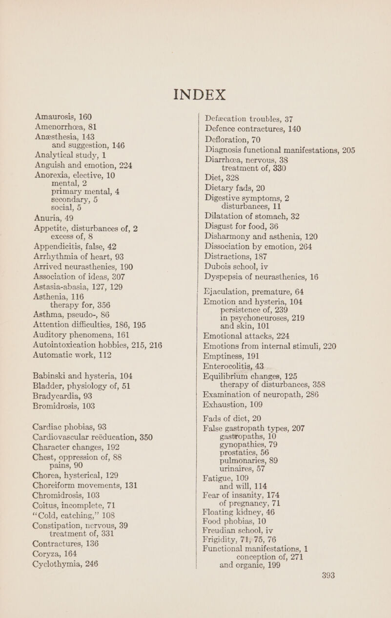 Amaurosis, 160 Amenorrhea, 81 Anesthesia, 143 and suggestion, 146 Analytical study, 1 Anguish and emotion, 224 Anorexia, elective, 10 mental, 2 primary mental, 4 secondary, 5 social, 5 Anuria, 49 Appetite, disturbances of, 2 excess of, 8 Appendicitis, false, 42 Arrhythmia of heart, 93 Arrived neurasthenics, 190 Association of ideas, 307 Astasia-abasia, 127, 129 Asthenia, 116 therapy for, 356 Asthma, pseudo-, 86 Attention difficulties, 186, 195 Auditory phenomena, 161 Automatic work, 112 Babinski and hysteria, 104 Bladder, physiology of, 51 Bradycardia, 93 Bromidrosis, 103 Cardiac phobias, 93 Cardiovascular reéducation, 350 Character changes, 192 Chest, oppression of, 88 pains, 90 Chorea, hysterical, 129 Choreiform movements, 131 Chromidrosis, 103 Coitus, incomplete, 71 ‘Cold, catching,” 108 Constipation, nervous, 39 treatment of, 331 Contractures, 136 Coryza, 164 Cyclothymia, 246 Defæcation troubles, 37 Defence contractures, 140 Defloration, 70 Diarrhcea, nervous, 38 treatment of, 330 Diet, 328 Dietary fads, 20 Digestive symptoms, 2 disturbances, 11 Dilatation of stomach, 32 Disgust for food, 36 Disharmony and asthenia, 120 Dissociation by emotion, 264 Distractions, 187 Dubois school, iv Dyspepsia of neurasthenics, 16 Ejaculation, premature, 64 Emotion and hysteria, 104 persistence of, 239 in psychoneuroses, 219 and skin, 101 Emotional attacks, 224 Emotions from internal stimuli, 220 Emptiness, 191 Enterocolitis, 43. Equilibrium changes, 125 therapy of disturbances, 358 Examination of neuropath, 286 Exhaustion, 109 Fads of diet, 20 False gastropath types, 207 gastropaths, 10 gynopathies, 79 prostatics, 56 pulmonaries, 89 urinaires, 57 Fatigue, 109 and will, 114 Fear of insanity, 174 of pregnancy, 71 Floating kidney, 46 Food phobias, 10 Freudian school, iv Frigidity, 71, 75, 76 Functional manifestations, 1 conception of, 271 and organic, 199