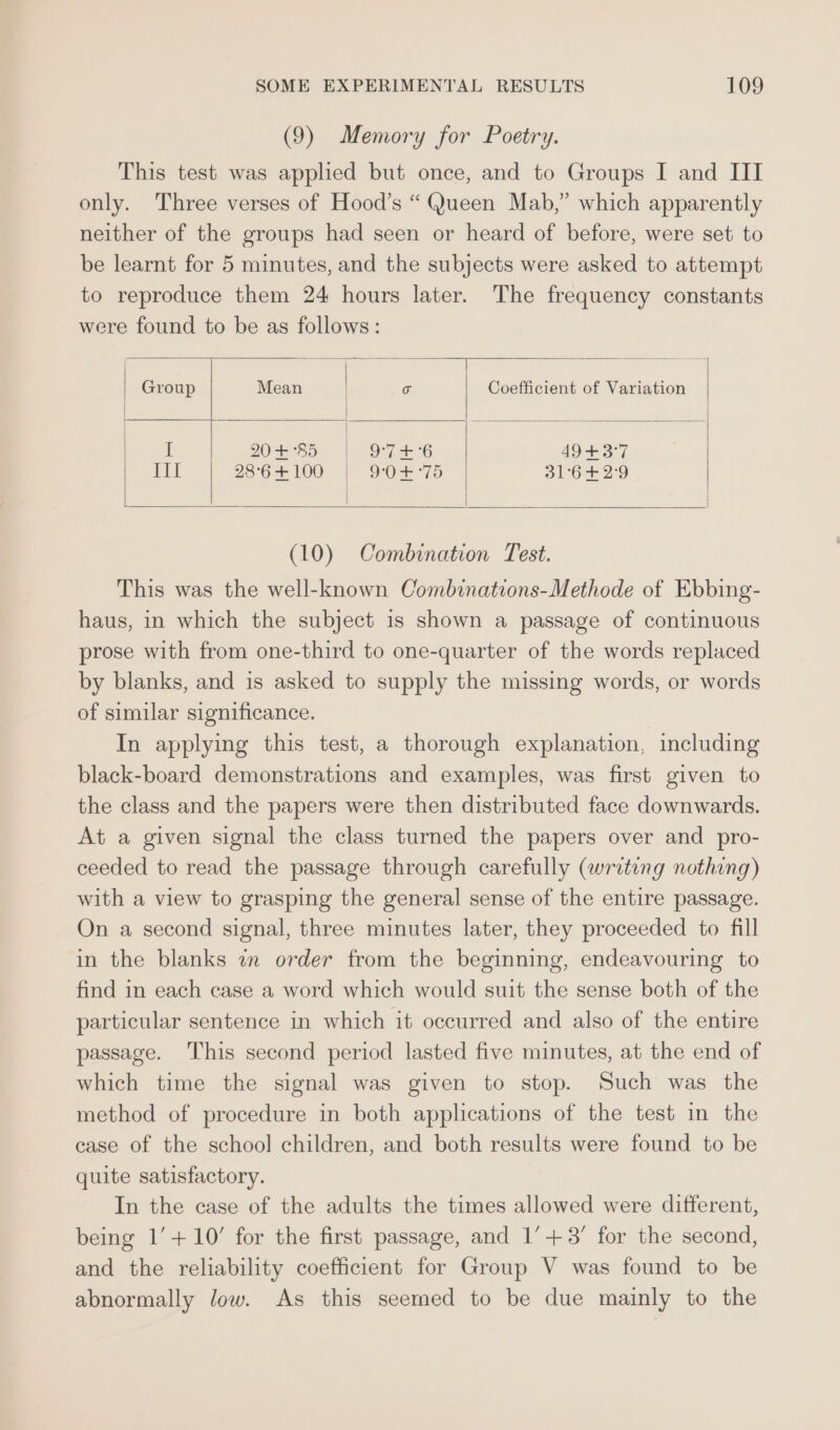 (9) Memory for Poetry. This test was applied but once, and to Groups I and II only. Three verses of Hood’s “ Queen Mab,” which apparently neither of the groups had seen or heard of before, were set to be learnt for 5 minutes, and the subjects were asked to attempt to reproduce them 24 hours later. The frequency constants were found to be as follows: — Pkoret! Group Mean o Coefficient of Variation I Q+85 | 9746 4943-7 Et 28°6 + 100 DOs 75 ol6+2°9 (10) Combination Test. This was the well-known Combinations-Methode of Ebbing- haus, in which the subject 1s shown a passage of continuous prose with from one-third to one-quarter of the words replaced by blanks, and is asked to supply the missing words, or words of similar significance. In applyimg this test, a thorough explanation, including black-board demonstrations and examples, was first given to the class and the papers were then distributed face downwards. At a given signal the class turned the papers over and pro- ceeded to read the passage through carefully (writing nothing) with a view to grasping the general sense of the entire passage. On a second signal, three minutes later, they proceeded to fill in the blanks an order from the beginning, endeavouring to find in each case a word which would suit the sense both of the particular sentence in which it occurred and also of the entire passage. This second period lasted five minutes, at the end of which time the signal was given to stop. Such was the method of procedure in both applications of the test in the case of the school children, and both results were found to be quite satisfactory. In the case of the adults the times allowed were different, being 1’+ 10’ for the first passage, and 1’+ 3’ for the second, and the reliability coefficient for Group V was found to be abnormally low. As this seemed to be due mainly to the