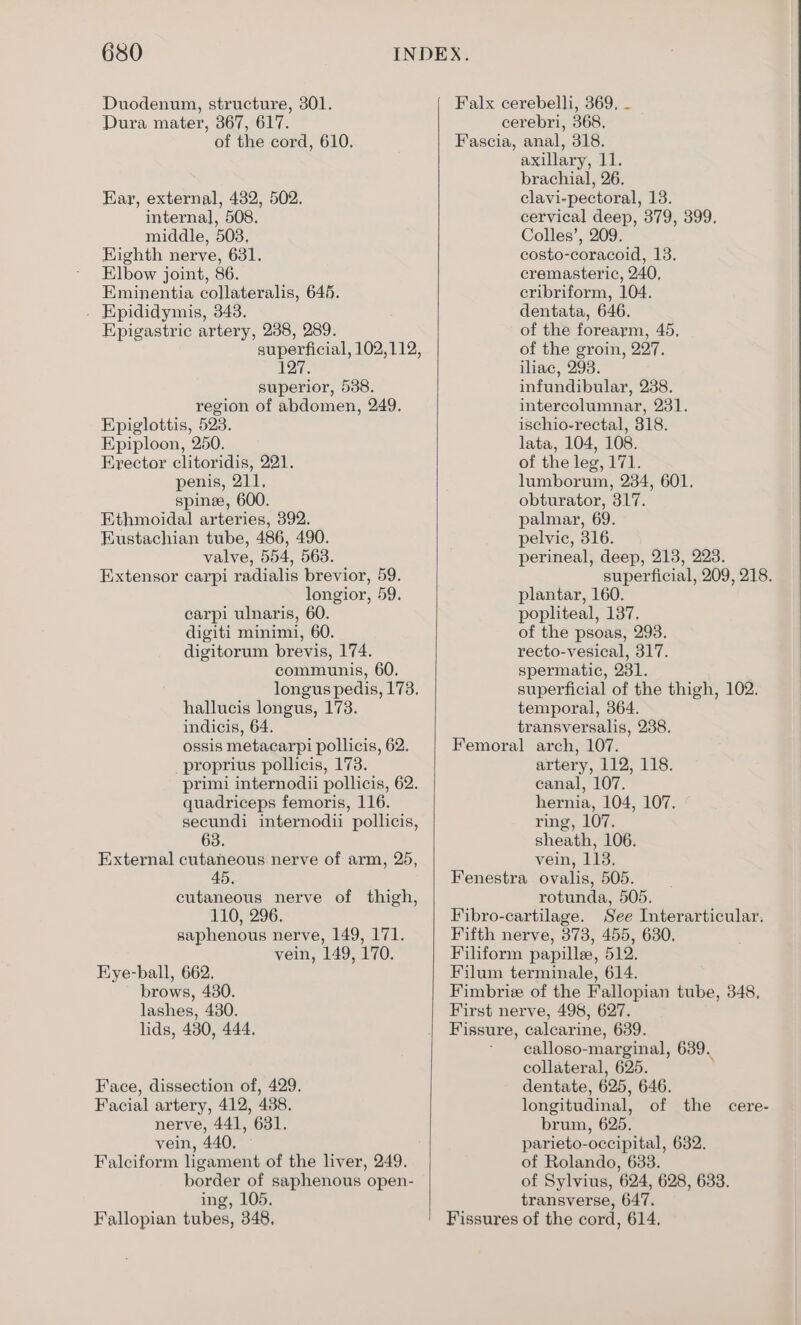 Duodenum, structure, 301. Dura mater, 367, 617. of the cord, 610. Ear, external, 432, 502. internal, 508. middle, 503, Highth nerve, 631. Elbow joint, 86. Eminentia collateralis, 646. . Epididymis, 343. Epigastric artery, 238, 289. superficial, 102,112, 127. superior, 5388. region of abdomen, 249. Epiglottis, 523. Epiploon, 250. Erector clitoridis, 221. penis, 211, spinee, 600. Ethmoidal arteries, 392. Eustachian tube, 486, 490. valve, 554, 563. Extensor carpi radialis brevior, 59. longior, 59. carpi ulnaris, 60. digiti minimi, 60. digitorum brevis, 174. communis, 60. longus pedis, 173. hallucis longus, 173. indicis, 64. ossis metacarpi pollicis, 62. proprius pollicis, 173. primi internodii pollicis, 62. quadriceps femoris, 116. secundi internodii pollicis, 63. External cutaneous nerve of arm, 25, 45. cutaneous nerve of thigh, 110, 296. saphenous nerve, 149, 171. vein, 149, 170. Eye-ball, 662. brows, 480. lashes, 480. lids, 480, 444. Face, dissection of, 429. Facial artery, 412, 438. nerve, 441, 631. vein, 440. ~ Falciform ligament of the liver, 249. border of saphenous open- ing, 105. Fallopian tubes, 348, Falx cerebelli, 369, — cerebri, 368, Fascia, anal, 318. axillary, 11. brachial, 26. clavi-pectoral, 13. cervical deep, 379, 399, Colles’, 209. costo-coracoid, 13. cremasteric, 240, cribriform, 104. dentata, 646. of the forearm, 45, of the groin, 227. iliac, 293. infundibular, 238. intercolumnar, 231. ischio-rectal, 318. lata, 104, 108. of the leg, 171. lumborum, 234, 601, obturator, 317. palmar, 69. pelvic, 316. perineal, deep, 213, 223. superficial, 209, 218. plantar, 160. popliteal, 137. of the psoas, 293. recto-vesical, 317. spermatic, 231. superficial of the thigh, 102. temporal, 364. transversalis, 238. Femoral arch, 107. artery, 112, 118. canal, 107. hernia, 104, 107. ring, 107. sheath, 106. vein, 113. Fenestra ovalis, 505. rotunda, 505. Fibro-cartilage. See Interarticular. Fifth nerve, 373, 455, 630. Filiform papille, 512. Filum terminale, 614. Fimbrie of the Fallopian tube, 348, First nerve, 498, 627. Fissure, calcarine, 639. calloso-marginal, 639. collateral, 625. dentate, 625, 646. longitudinal, of the cere- brum, 625. parieto-occipital, 632. of Rolando, 633. of Sylvius, 624, 628, 633. transverse, 647. Fissures of the cord, 614.