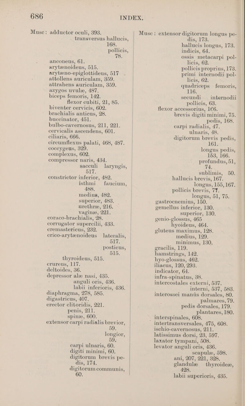 transversus hallucis, 168. pollicis, anconeus, 61. arytznoideus, 515. aryteno-epiglottideus, 517 attollens auriculam, 359. attrahens auriculam, 359. azygos uvule, 487. biceps femoris, 142. flexor cubiti, 21, 85. biventer cervicis, 602. brachialis anticus, 28. buccinator, 451. bulbo-cavernosus, 211, 221. cervicalis ascendens, 601. ciliaris, 666. circumflexus palati, 468, 487. coccygeus, 329. complexus, 602. compressor naris, 434. sacculi laryngis, 517. constrictor inferior, 482. isthmi faucium, 488, medius, 482. superior, 483. urethre, 216. vagine, 221, coraco-brachialis, 28. corrugator supercilii, 433. cremastericus, 232. crico-aryteenoideus lateralis, 517. posticus, 515. thyroideus, 515. crureus, 117. deltoides, 36. depressor alee nasi, 435. anguli oris, 436. labii inferioris, 4386. diaphragma, 278, 585. digastricus, 407. erector clitoridis, 221. penis, 211. spinee, 600. extensor carpi radialis brevior, 59. longior, 59. carpi ulnaris, 60. digiti minimi, 60. digitorum brevis pe- dis, 174. digitorum communis, 60. Musc: extensor digitorum longus pe- dis, 173. hallucis longus, 173. indicis, 64. ossis metacarpi pol- licis, 62. pollicis proprius, 173. primi internodii pol- licis, 62. quadriceps femoris, 116. secundi — internodii pollicis, 63. flexor accessorius, 1€6. brevis digiti minimi, 75. pedis, 168. carpi radialis, 47. ulnaris, 48. digitorum brevis pedis, 161. longus pedis, 153, 166. profundus, 51, 74. sublimis, hallucis brevis, 167. longus, 155, 167. pollicis brevis, 77. longus, 51, 75. gastrocnemius, 150. gemellus inferior, 130. superior, 130. genio-glossus, 465 hyoideus, 464. gluteus maximus, 128. medius, 129. minimus, 130. gracilis, 119. hamstrings, 142. hyo-glossus, 462. iliacus, 120, 293. indicator, 64. infra-spinatus, 38. intercostales externi, 587. interni, 537, 583. interossel1 mantis dorsales, 80. palmares, 79. pedis dorsales, 179. plantares, 180. interspinales, 608. 50. ischio-cavernosus, 211. latissimus dorsi, 23, 597. laxator tympani, 508. levator anguli oris, 436. scapule, 598. ani, 207, 221, 328, glandule thyroidex, 428. labii superioris, 435,