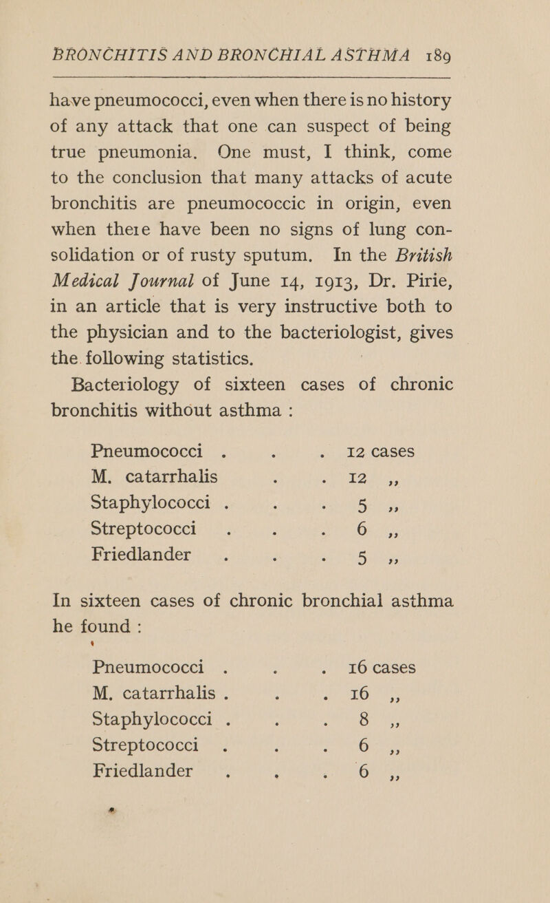 have pneumococci, even when there is no history of any attack that one can suspect of being true pneumonia. One must, I think, come to the conclusion that many attacks of acute bronchitis are pneumococcic in origin, even when there have been no signs of lung con- solidation or of rusty sputum. In the British Medical Journal of June 14, 1913, Dr. Pirie, in an article that is very instructive both to the physician and to the She ge gives the. following statistics. Bacteriology of sixteen cases of chronic bronchitis without asthma : Pneumococci . : ». 12.cases M. catarrhalis : nn 7h eee Staphylococci . eS ee streptococci ©; ‘ apiee sO Hie Friedlander. : Bel Bil oe In sixteen cases of chronic bronchial asthma he found: Pneumococci . : . 12£6-cases M., catarrhalis . : oe EOS Staphylococci . : Bead &gt; Qae Streptococci . : ee ae Friedlander. ; 6 &amp;