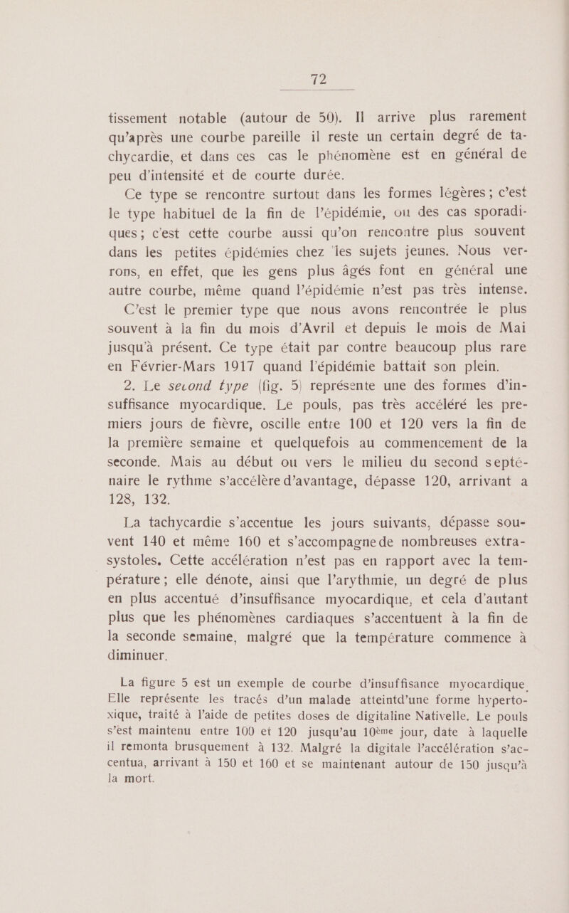 tissement notable (autour de 50). Il arrive plus rarement qu'après une courbe pareille il reste un certain degré de ta- chycardie, et dans ces cas le phénomène est en général de peu d'intensité et de courte durée. Ce type se rencontre surtout dans les formes légères ; c’est le type habituel de la fin de l’épidémie, où des cas sporadi- ques; c'est cette courbe aussi qu’on rencontre plus souvent dans les petites épidémies chez les sujets jeunes. Nous ver- rons, en effet, que les gens plus âgés font en général une autre courbe, même quand l’épidémie n’est pas très intense. C’est le premier type que nous avons rencontrée le plus souvent à ja fin du mois d'Avril et depuis le mois de Mai jusqu’à présent. Ce type était par contre beaucoup plus rare en Février-Mars 1917 quand l'épidémie battait son plein. 2. Le second type (fig. 5) représente une des formes d’in- suffisance myocardique. Le pouls, pas très accéléré les pre- miers jours de fièvre, oscille entre 100 et 120 vers la fin de la première semaine et quelquefois au commencement de la seconde. Mais au début ou vers le milieu du second septé- naire le rythme s’accélère d'avantage, dépasse 120, arrivant a 128 0492; La tachycardie s’accentue les jours suivants, dépasse sou- vent 140 et même 160 et s'accompagne de nombreuses extra- systoles, Cette accélération n’est pas en rapport avec la tem- _pérature; elle dénote, ainsi que l’arythmie, un degré de plus en plus accentué d’insuffisance myocardique, et cela d'autant plus que les phénomènes cardiaques s’accentuent à la fin de la seconde semaine, malgré que la température commence à diminuer. La figure 5 est un exemple de courbe d’insuffisance myocardique Elle représente les tracés d’un malade atteintd’une forme hyperto- xique, traité à l’aide de petites doses de digitaline Nativelle, Le pouls s’est maintenu entre 100 et 120 jusqu’au 10ème jour, date à laquelle il remonta brusquement à 132. Malgré la digitale l’accélération s’ac- centua, arrivant à 150 et 160 et se maintenant autour de 150 jusaw’à la mort.