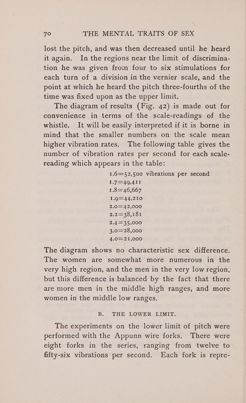 lost the pitch, and was then decreased until he heard it again. In the regions near the limit of discrimina- tion he was given from four to six stimulations for each turn of a division in the vernier scale, and the point at which he heard the pitch three-fourths of the time was fixed upon as the upper limit. The diagram of results (Fig. 42) is made out for convenience in terms of the scale-readings of the whistle. It will be easily interpreted if it is borne in mind that the smaller numbers on the scale mean higher vibration rates. The following table gives the number of vibration rates per second for each scale- reading which appears in the table: 1.6=52,500 vibrations per second 1.7=—49,4II 1.8=46,667 1.9=44,210 2.0=—42,000 212 == 40,101 2.4=35,000 3.0=28,000 4.0=21,000 The diagram shows no characteristic sex difference. The women are somewhat more numerous in the very high region, and the men in the very low region, but this difference is balanced by the fact that there are more men in the middle high ranges, and more women in the middle low ranges. B. THE LOWER LIMIT. The experiments on the lower limit of pitch were performed with the Appunn wire forks. There were eight forks in the series, ranging from ‘twelve to fifty-six vibrations per second. Each fork is repre-