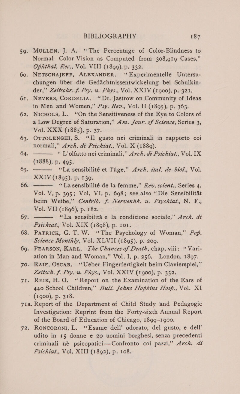 59. 60. 61, 62. 63. 64. 65. 66. 67. 68. 69. 70. 71. 72. BIBLIOGRAPHY 187 MULLEN, J. A. ‘The Percentage of Color-Blindness to Normal Color Vision as Computed from 308,919 Cases,” Ophthal, Rec., Vol. VIII (1899), p. 332. NETSCHAJEFF, ALEXANDER. ‘“Experimentelle Untersu- chungen itber die Gedachtnissentwickelung bei Schulkin- der,” Zetischr. f. Psy. u. Phys., Vol. XXIV (1900), p. 321. NEVERS, CORDELIA. ‘Dr. Jastrow on Community of Ideas in Men and Women,” Psy. Rev., Vol. II (1895), p. 363. NICHOLS, L. ‘On the Sensitiveness of the Eye to Colors of a Low Degree of Saturation,” Am. Jour. of Science, Series 3, Vol. XXX (1885), p. 37. OTTOLENGHI, 5. “Il gusto nei criminali in rapporto coi normali,”” Arch. di Psichiat., Vol. X (1889). “ L’olfatto nei criminali,” Arch. di Psichiat., Vol. 1X (1888), p. 495. “La sensibilité et l’age,”” Arch. ttal. de biol., Vol. XXIV (1895), p. 139. ‘‘Lasensibilité de la femme,” Rev. sczent., Series 4, Vol. V, p. 395; Vol. VI, p. 698; see also “ Die Sensibilitat beim Weibe,” Centrld. f. Nervenhk. u. Psychiat., N. F., Vol. VII (1896), p. 182. “La sensibilita e la condizione sociale,” Arch. dt Psichiat., Vol. X1X (1898), p. tol. PATRICK, G. T. W. ‘The Psychology of Woman,” Po. Sctence Monthly, Vol. XLVII (1895), p. 209. PEARSON, KARL. The Chances of Death, chap. viii: ‘ Vari- ation in Man and Woman,” Vol. I, p. 256. London, 1897. RaIF, Oscar. ‘Ueber Fingerfertigkeit beim Clavierspiel,”’ Zettsch. f. Psy. u. Phys., Vol. XXIV (1900), p. 352. REIK, H.O. ‘‘ Report on the Examination of the Ears of 440 School Children,” Bull. Johns Hopkins Hosp., Vol. XI (1900), p. 318. Report of the Department of Child Study and Pedagogic Investigation: Reprint from the Forty-sixth Annual Report of the Board of Education of Chicago, 1899-1900. RONCORONI, L. ‘‘Esame dell’ odorato, del gusto, e dell’ udito in 15 donne e 20 uomini borghesi, senza precedenti criminali né psicopatici—Confronto coi pazzi,” Arch. dt